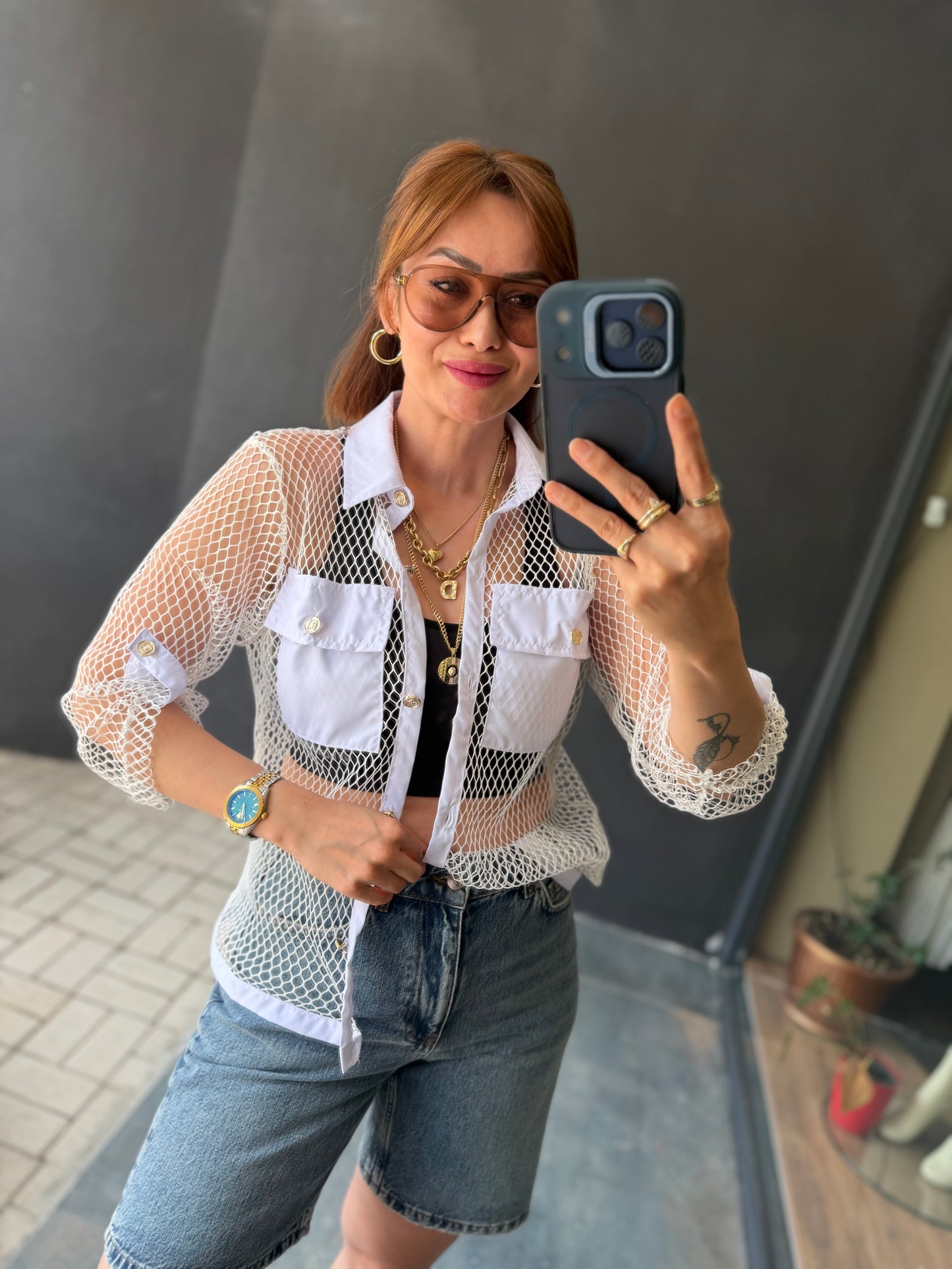Beyaz File Detaylı Transparan Kadın Gömlek