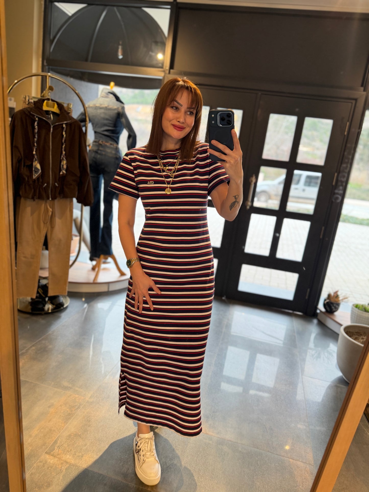 Oste Bordo Çizgili Elbise