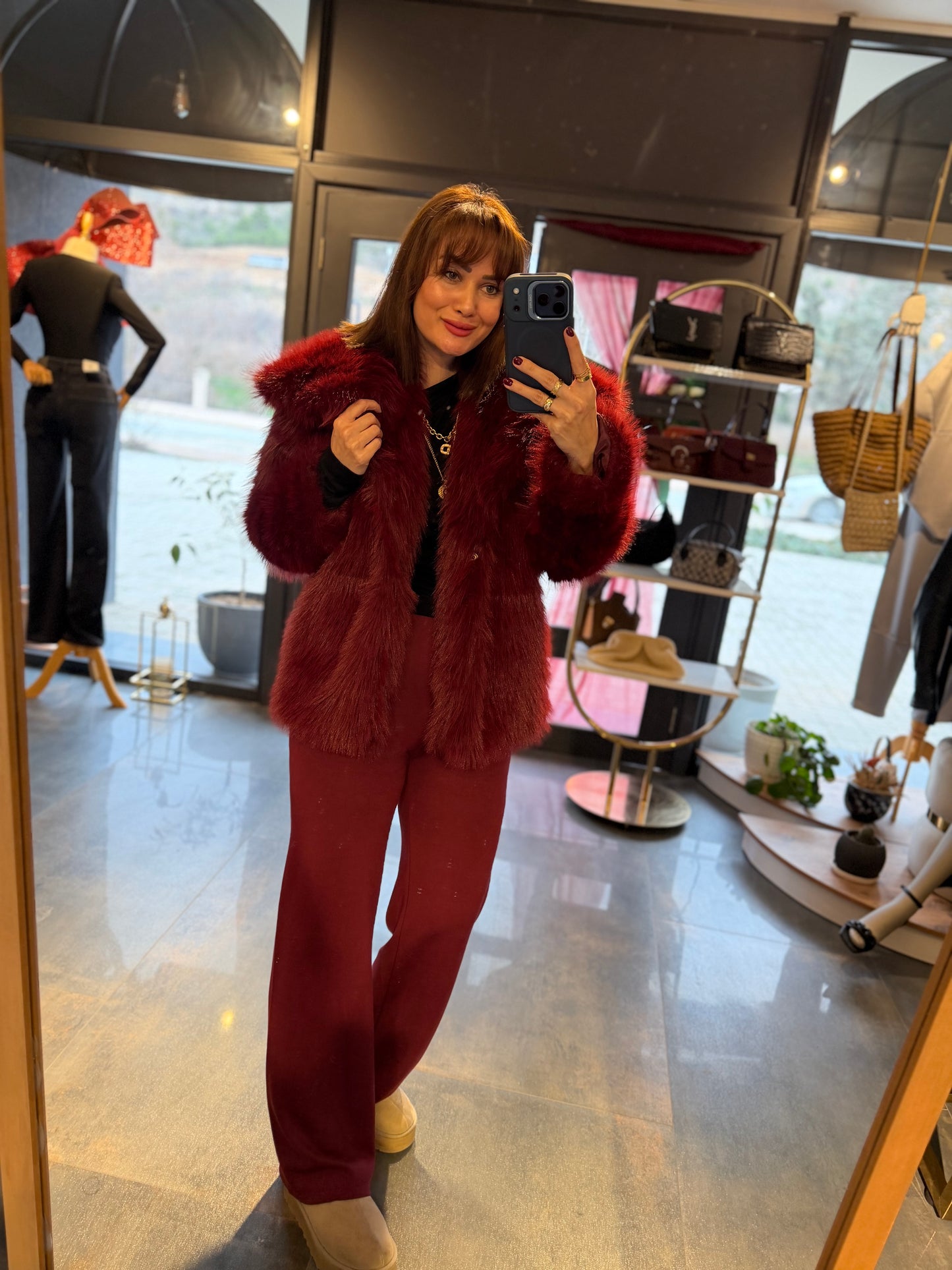 Nüans Bordo Astarlı Kürk