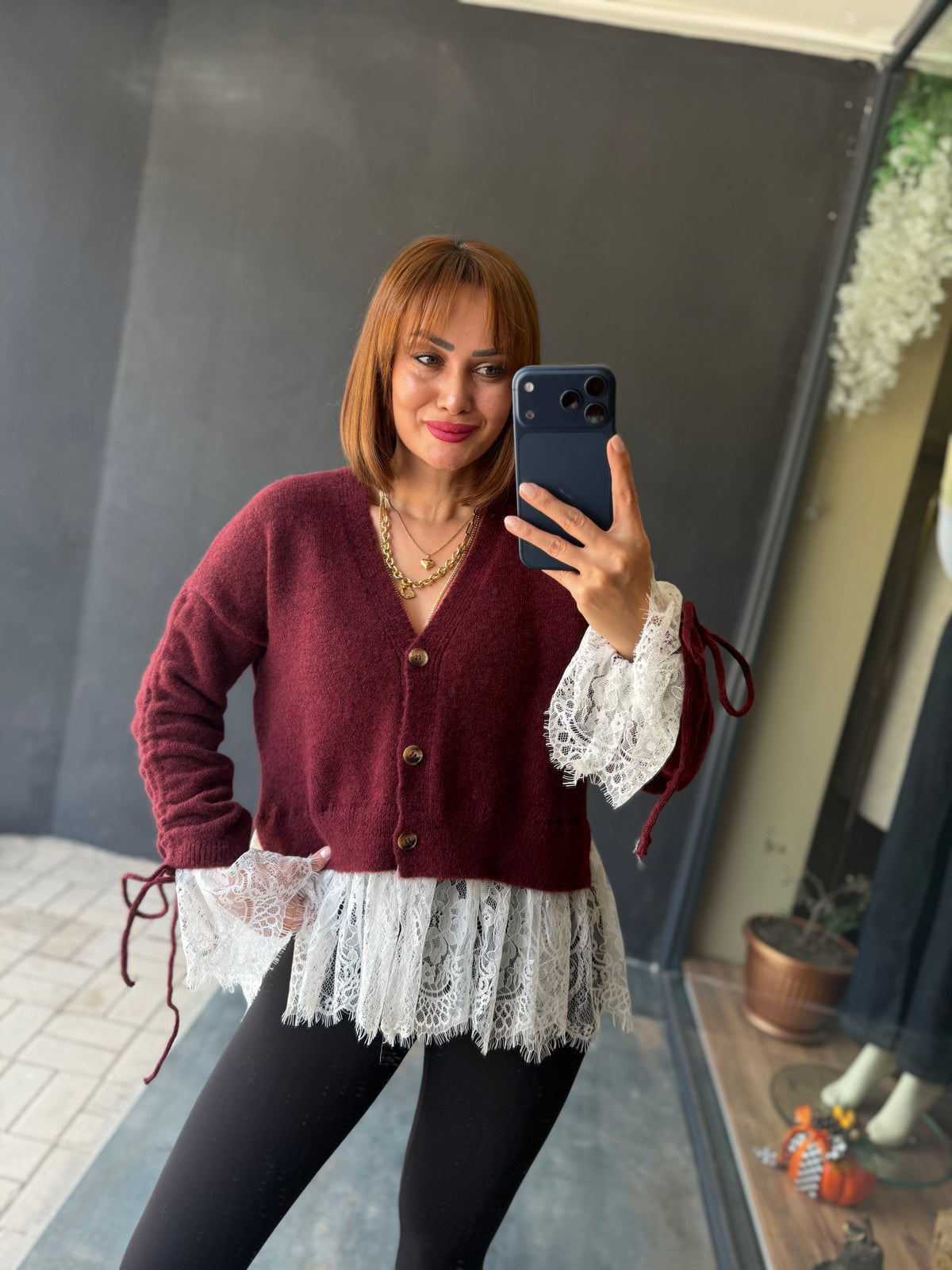 Norel Dantel Detaylı Bordo Hırka
