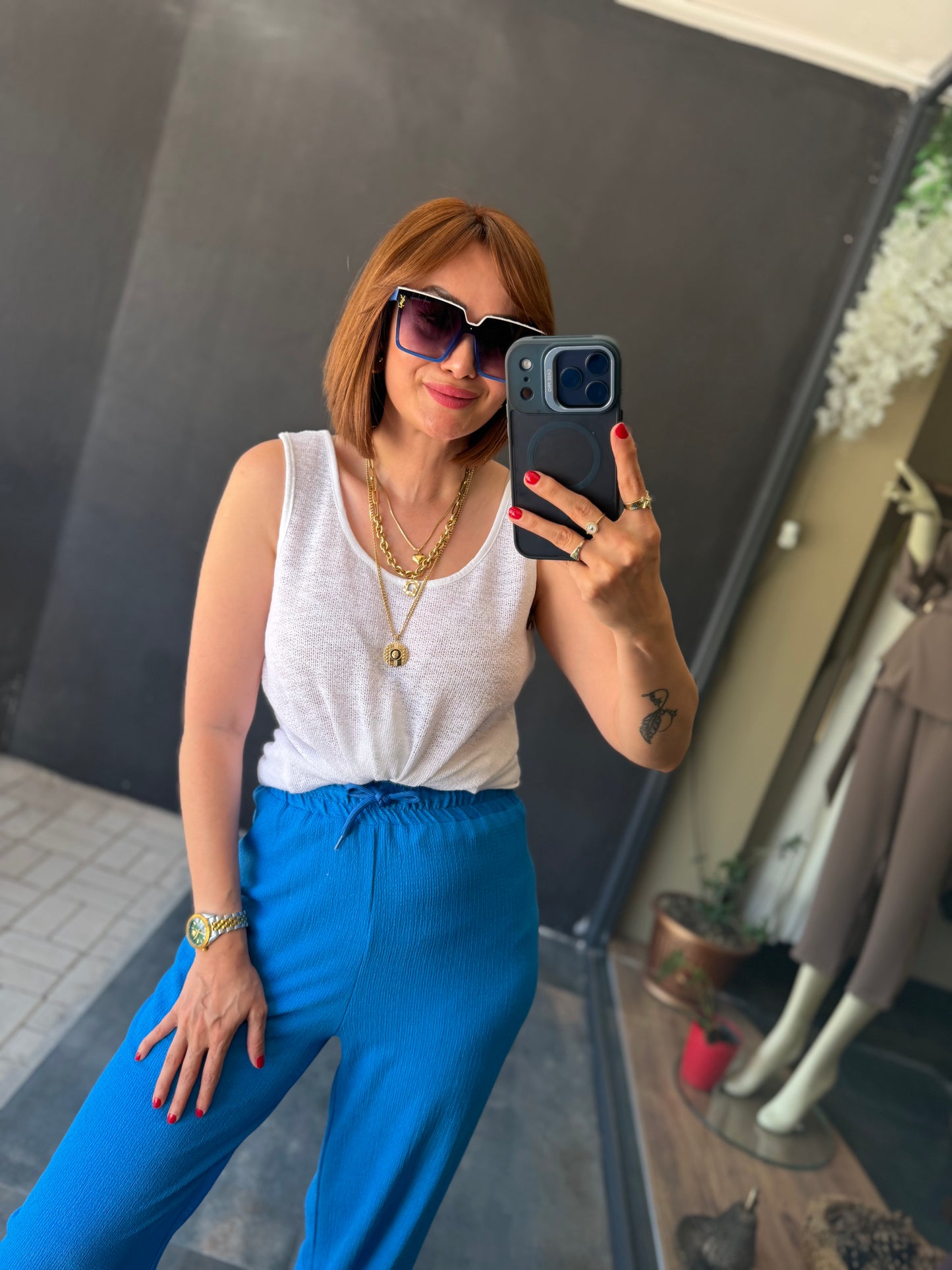 Mavi Fitilli Müslin Pantolon & Bluz Takım
