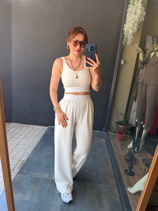 Vestal Beyaz Modal Crop &Pantolon Takım