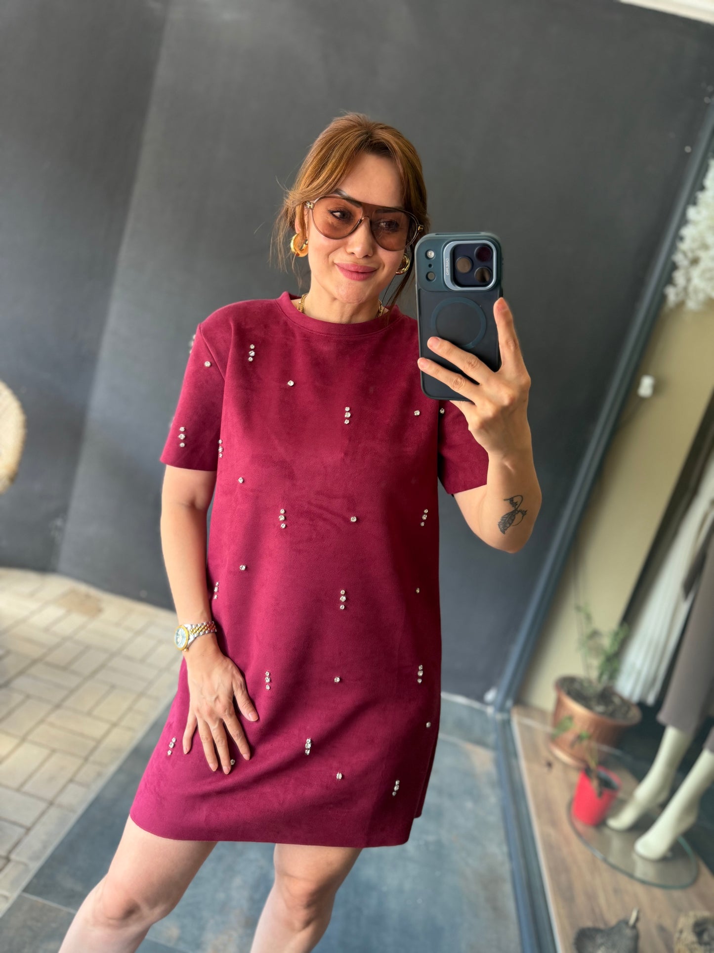 Bordo Süet Taş Detaylı Elbise