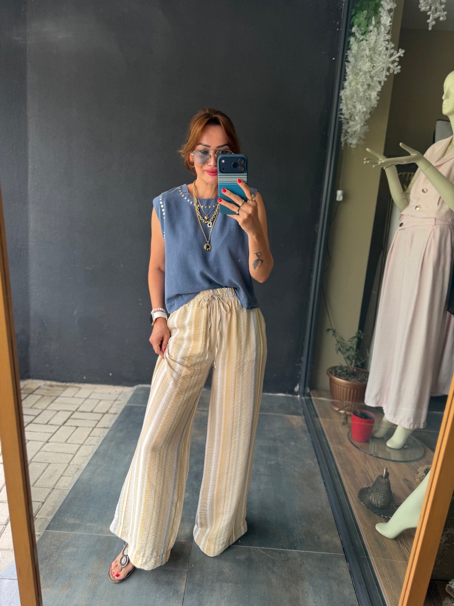 Sahara Bej Çizgili Bol Paça Pantolon & Bluz Takım