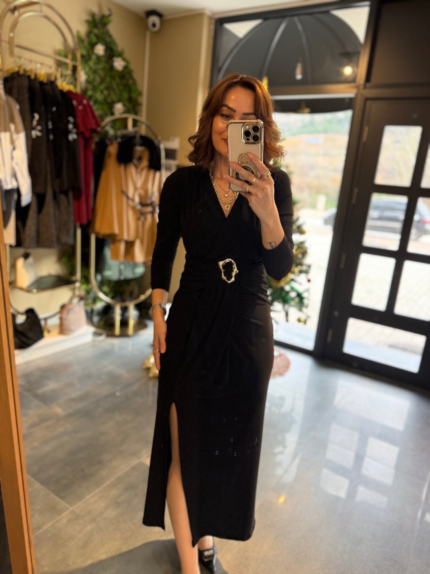 Nira Candy Kumaş Siyah Kemerli Elbise