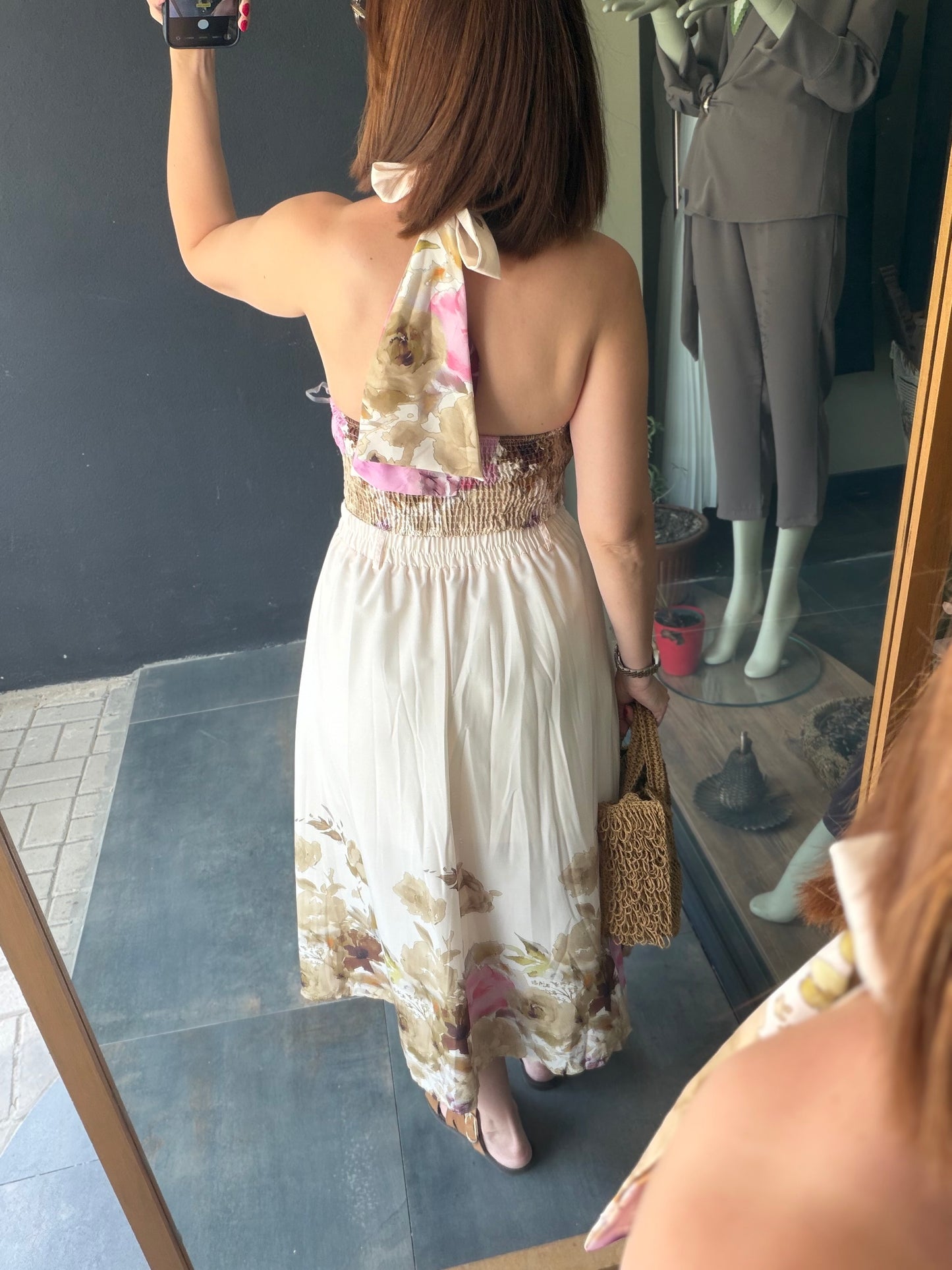 Kadın Çiçek Desenli Yeşil Midi Etek ve Halter Yaka Bluz Takım