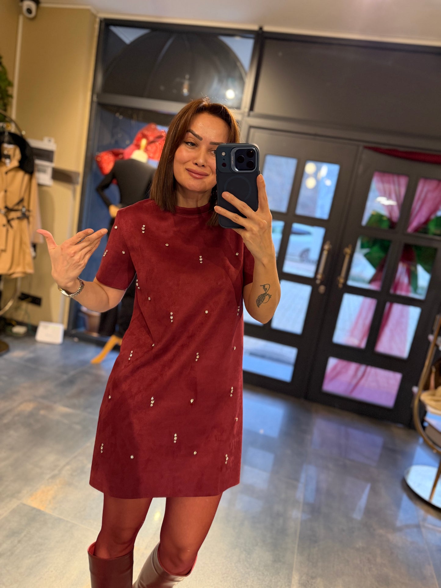 Moss Bordo Süet Taş Detay Elbise