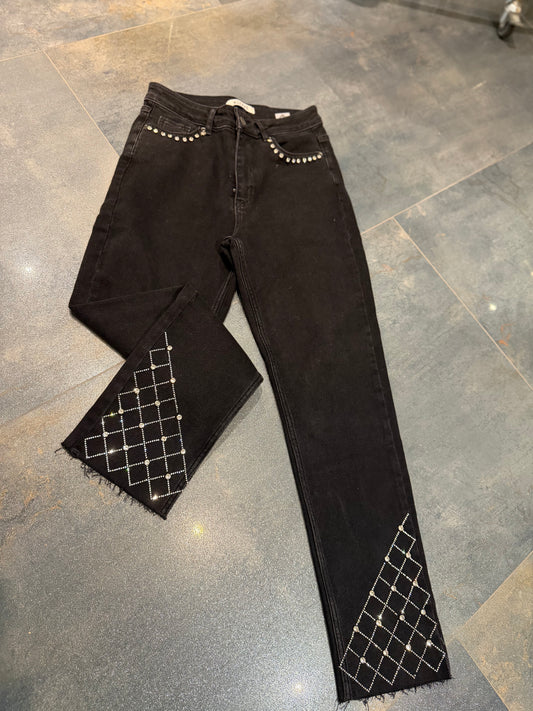 Xlove Siyah Paça Kare İşleme Jean