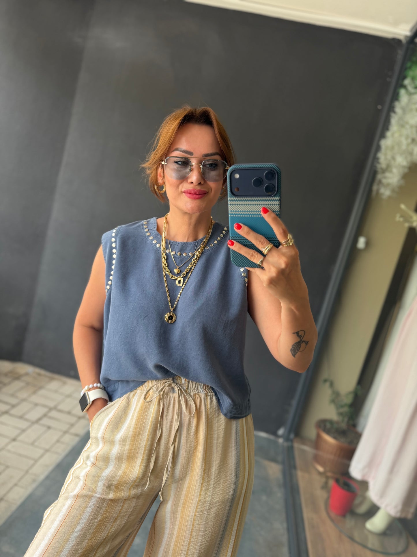 Sahara Bej Çizgili Bol Paça Pantolon & Bluz Takım
