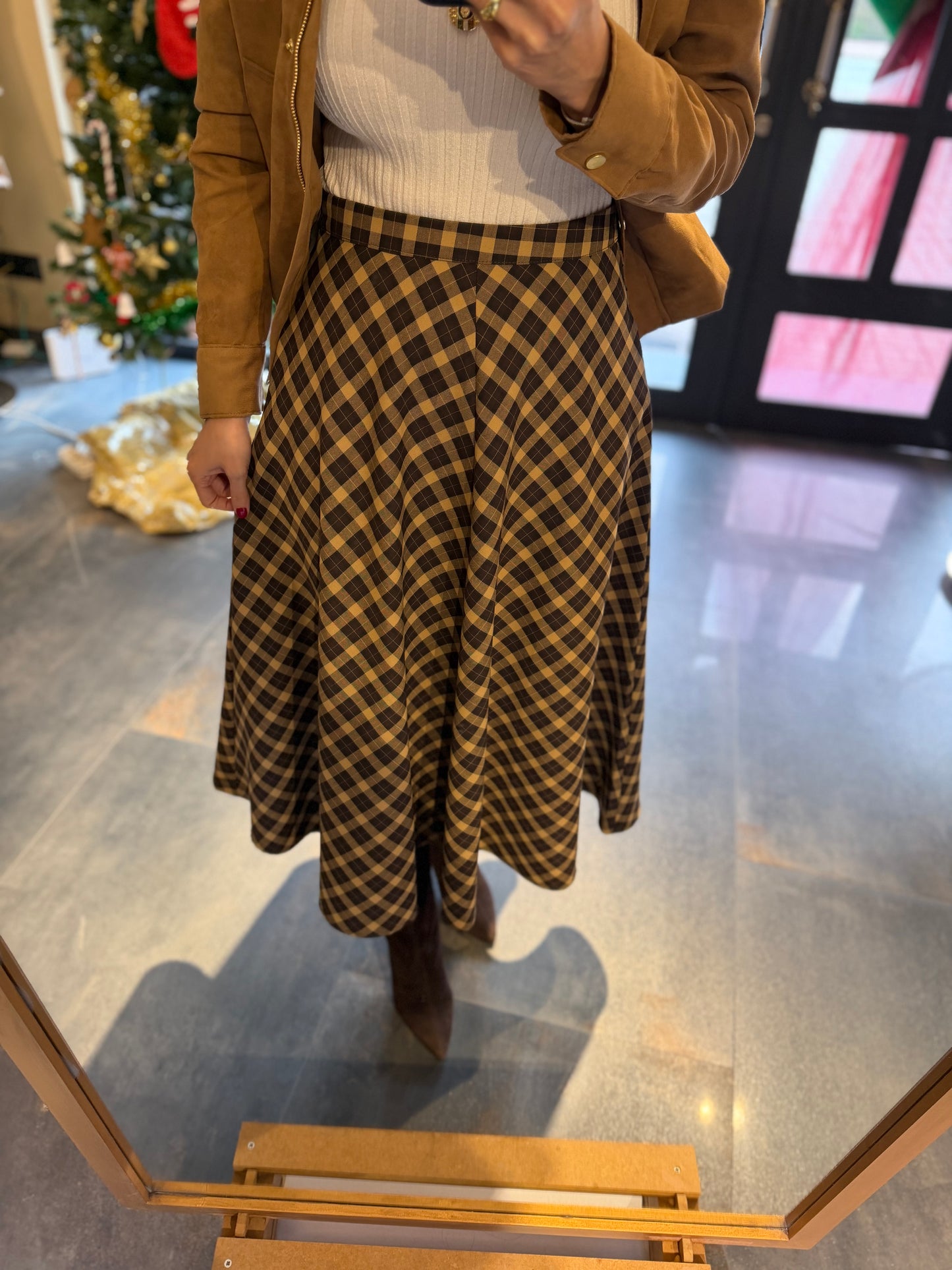 Cream 2 Kahve Midi Kareli Etek