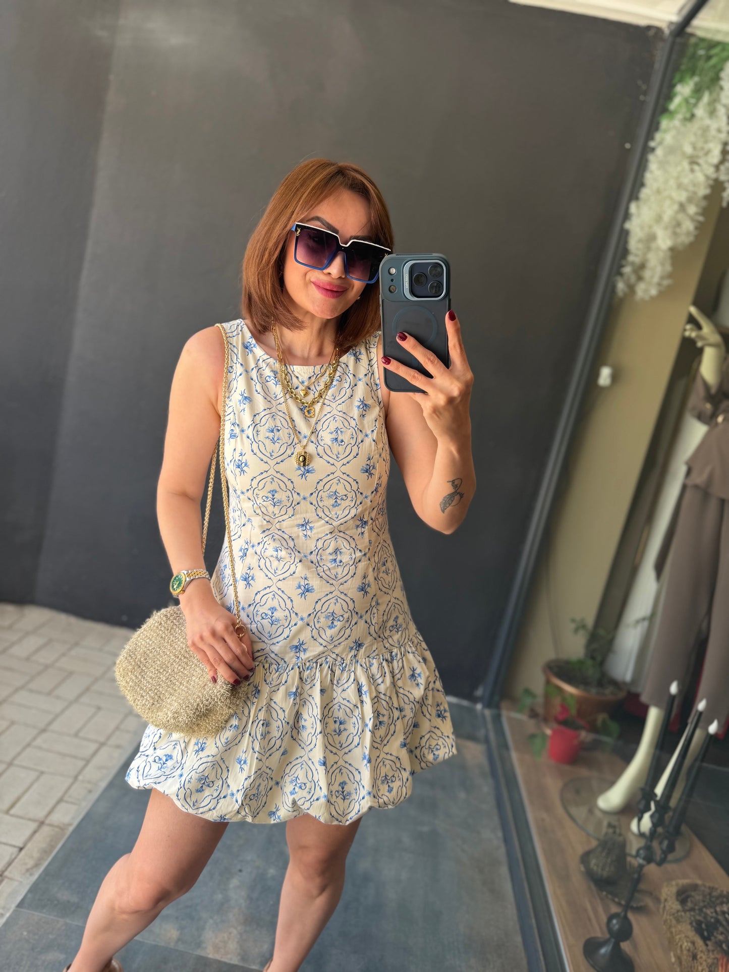Girl Mavi Desenli Balon Elbise