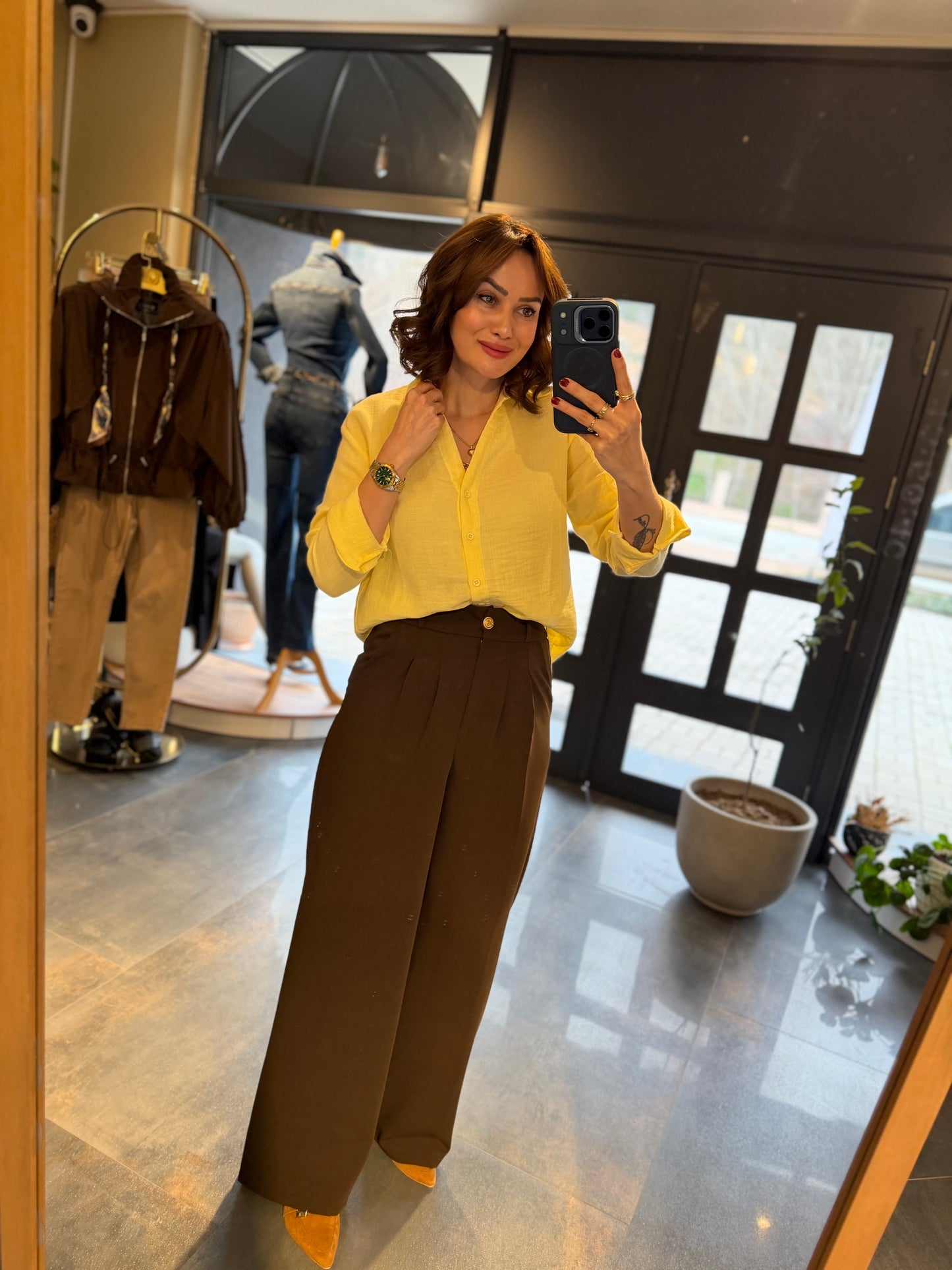 Cheek Kahve Krep Palazzo Pantolon