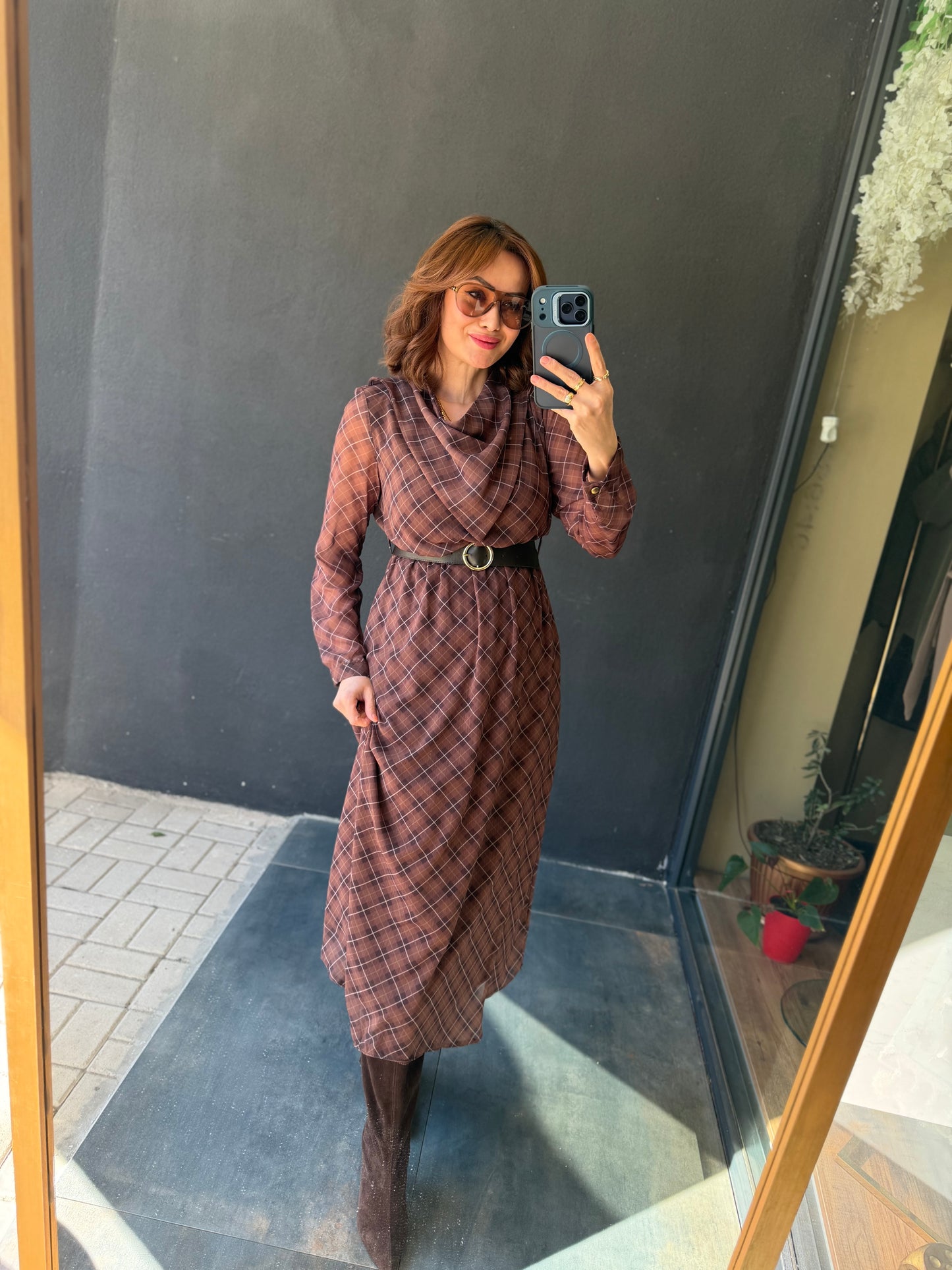 Capo Kemerli Kahve Şifon Elbise