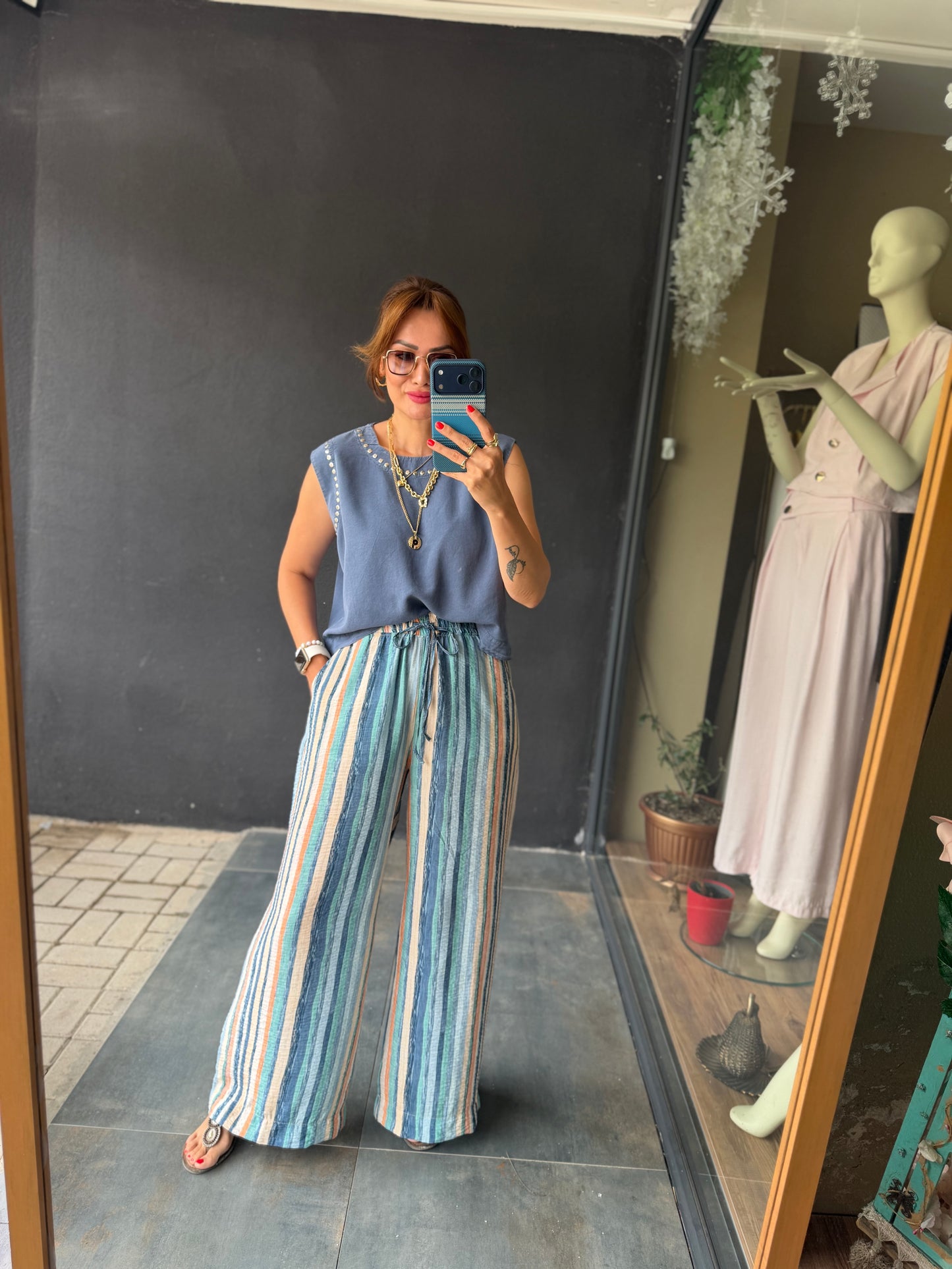 Sahara Mavi Çizgili Bol Paça Pantolon & Bluz Takım