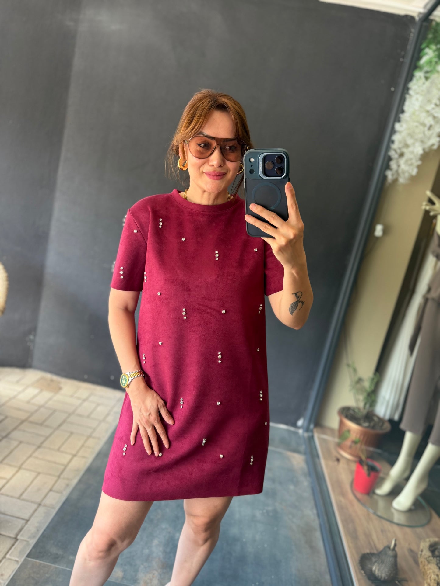 Bordo Süet Taş Detaylı Elbise
