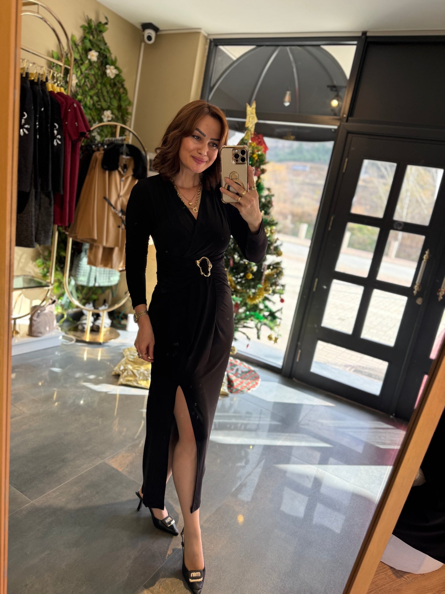 Nira Candy Kumaş Siyah Kemerli Elbise