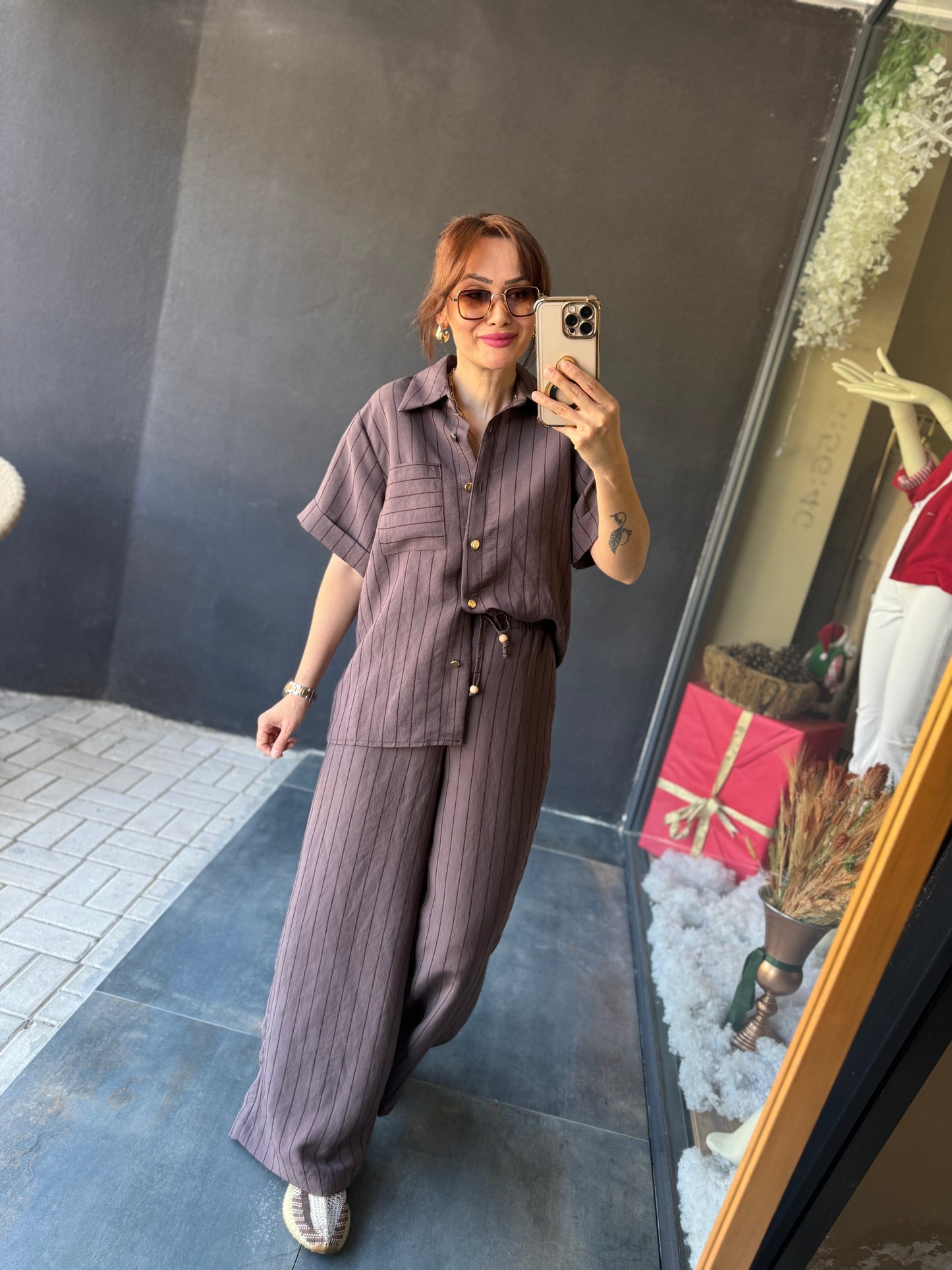 Parpella Kahve Çizgili Takım