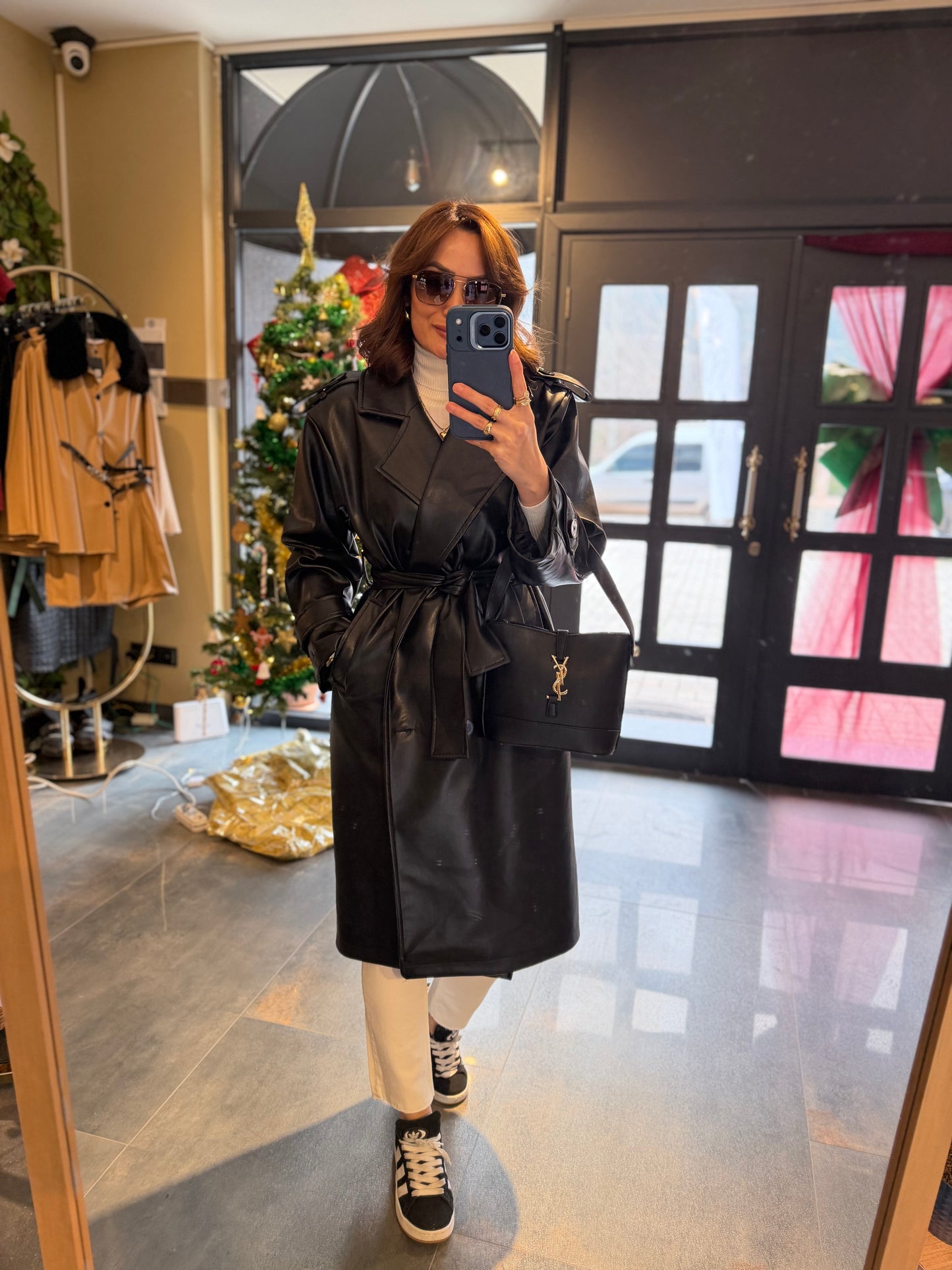 Glam Siyah Deri Trench