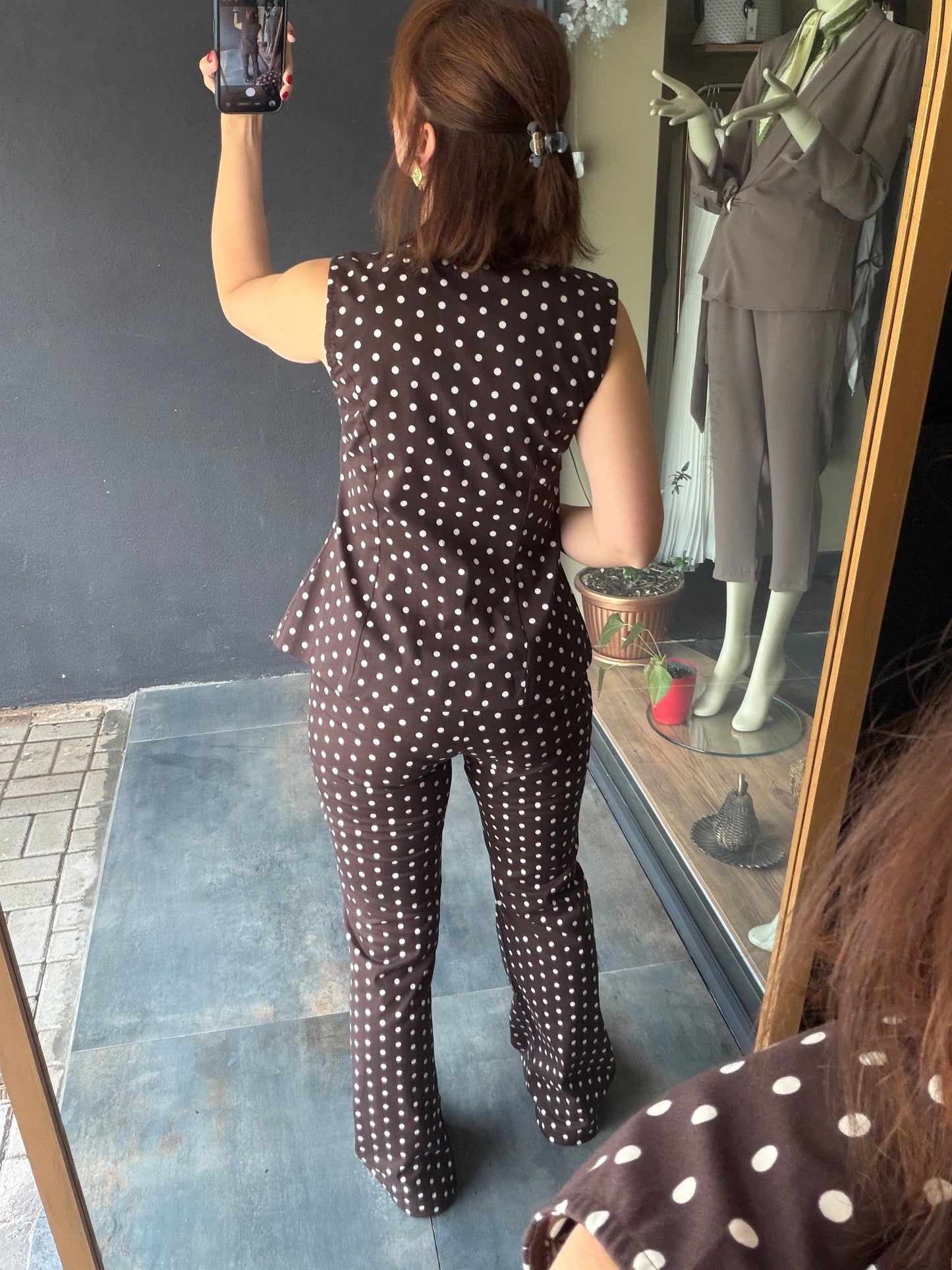 Kahve Puantiyeli Vintage Pantolon Takımı