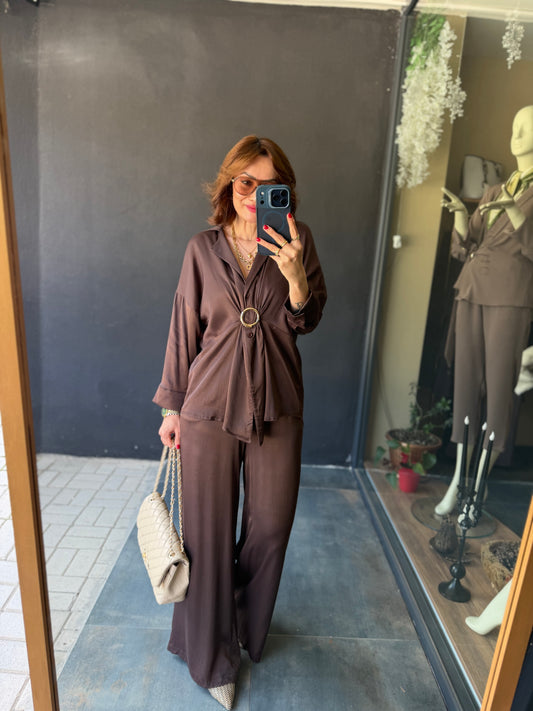 Lost Kahve Pamuklu Saten Broşlu Takım