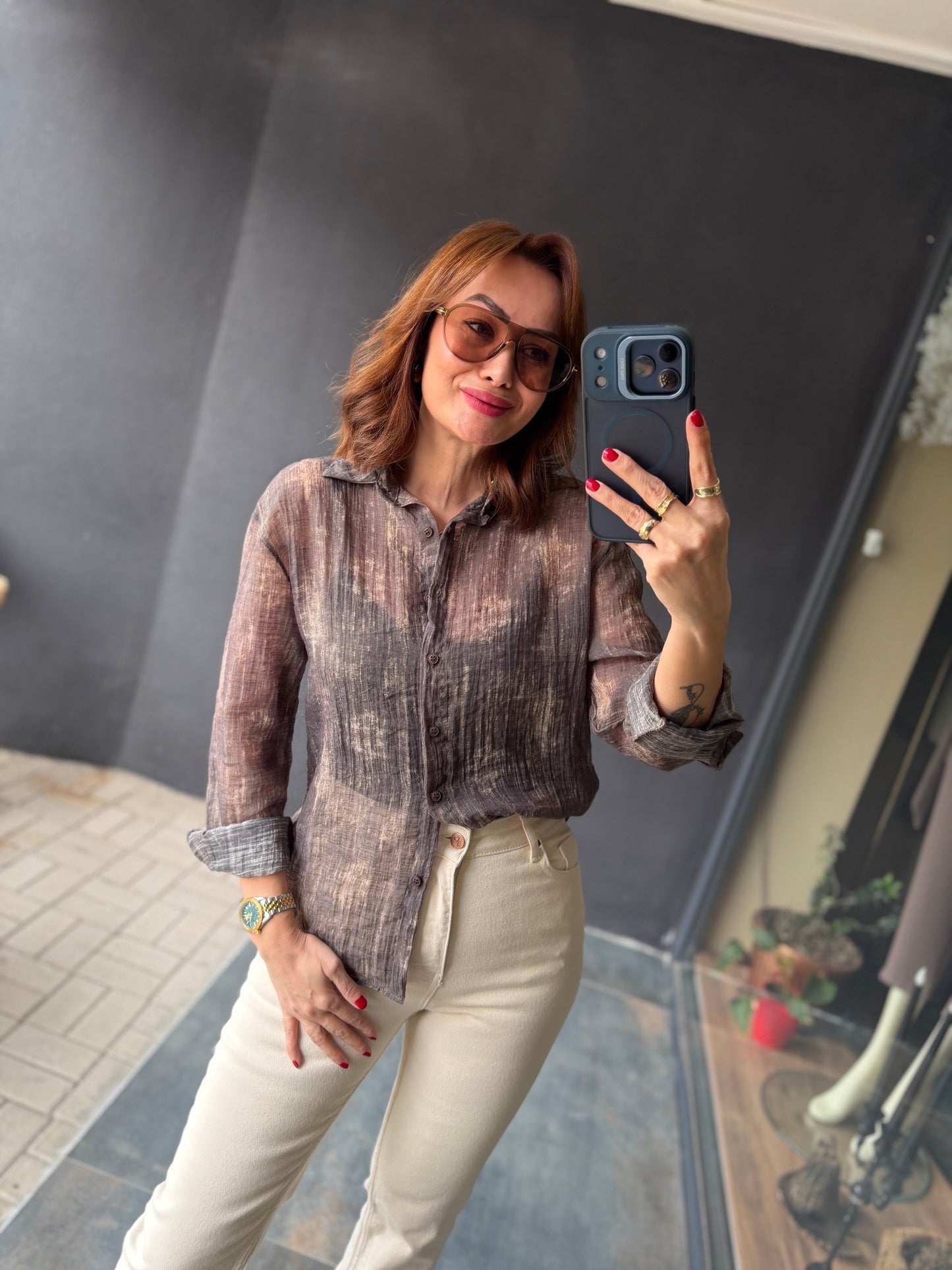 Vilen Kahve Transparan Gömlek