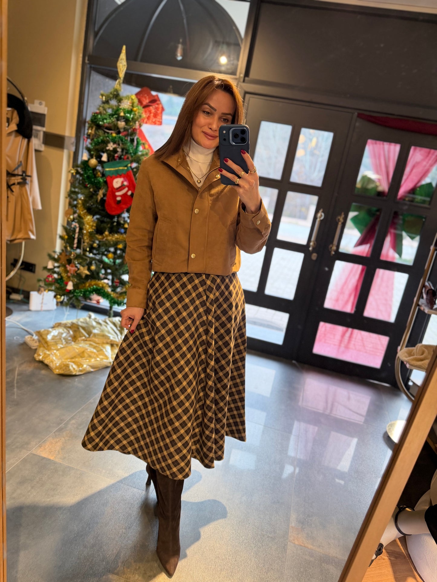 Cream 2 Kahve Midi Kareli Etek