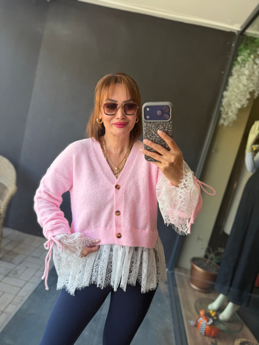 Norel Dantel Detaylı Pembe Hırka