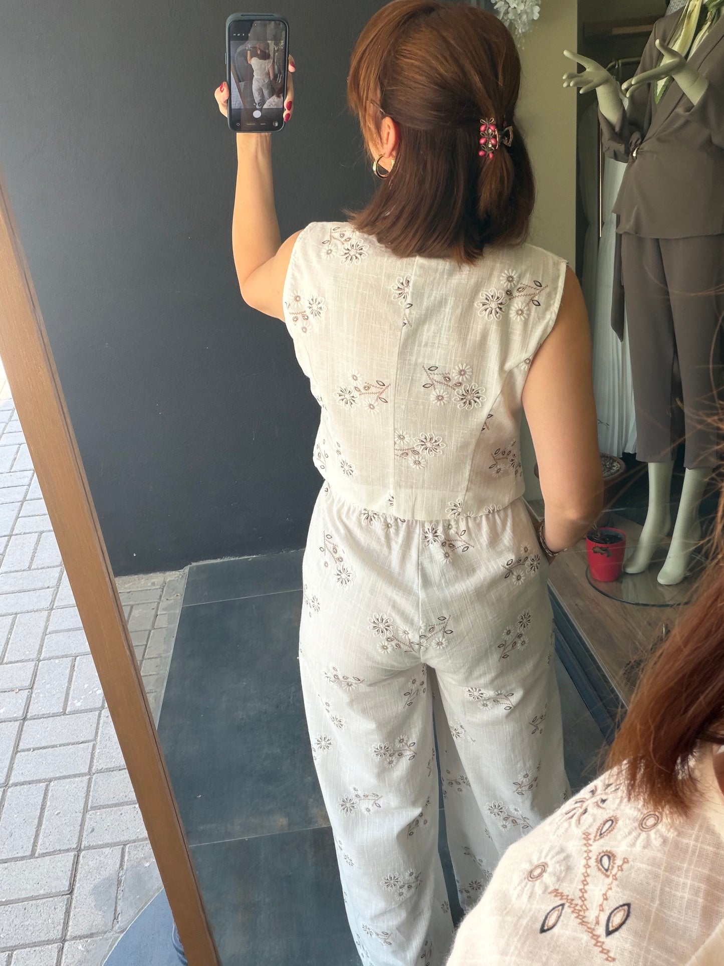 Premium Nakış İşlemeli Keten Görünümlü Yelek Pantolon Kadın Takım