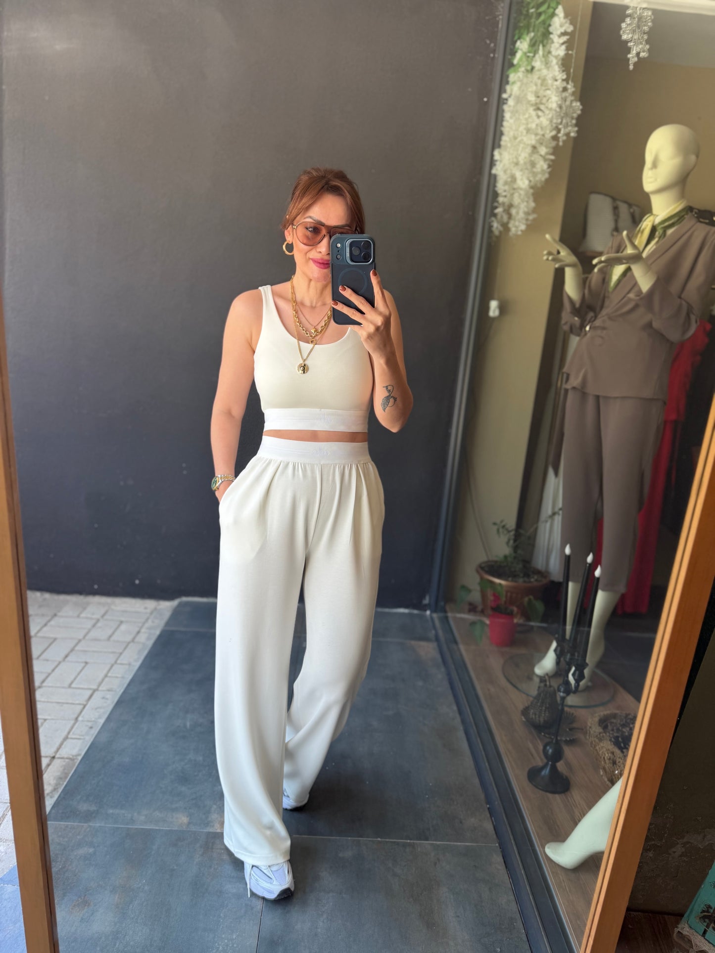 Vestal Beyaz Modal Crop &Pantolon Takım