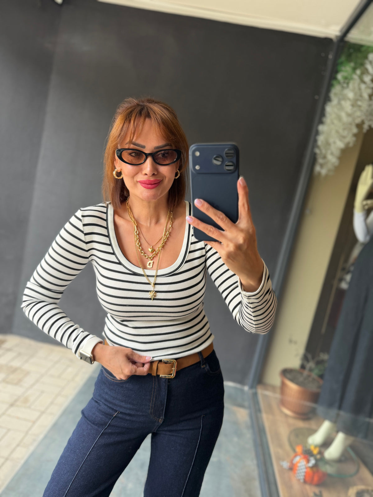 Norevi Beyaz/Siyah Çizgili U Yaka Body