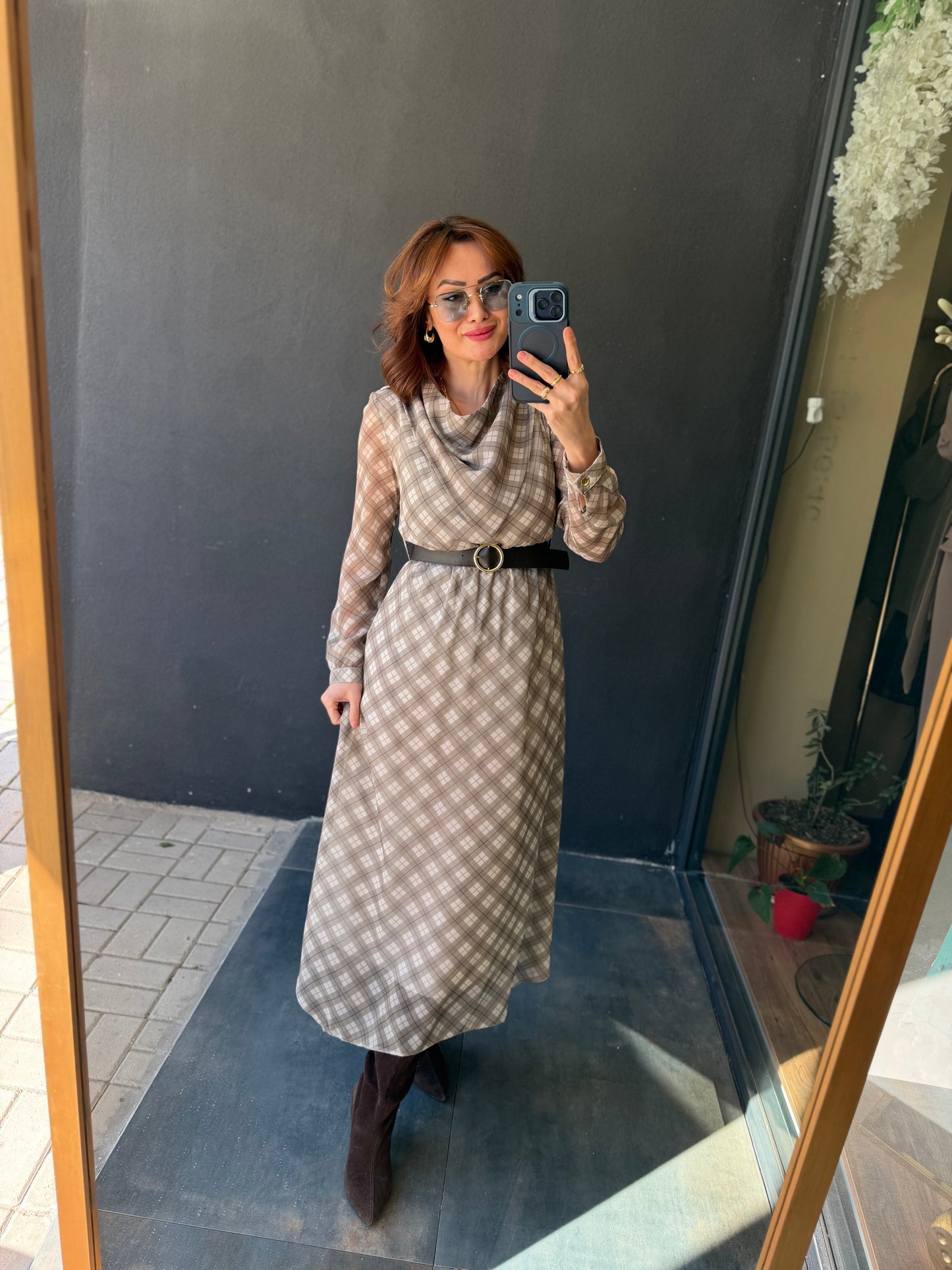 Capo Kemerli Haki Şifon Elbise