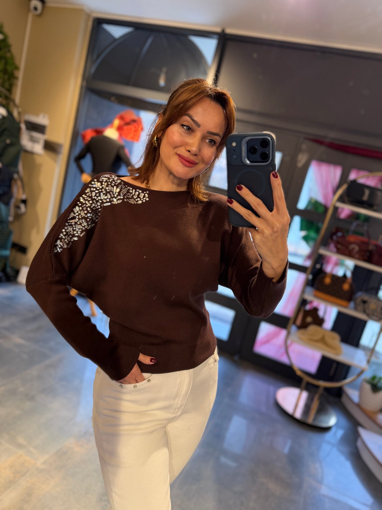 Buruni Kahve Çelik Örme Bluz