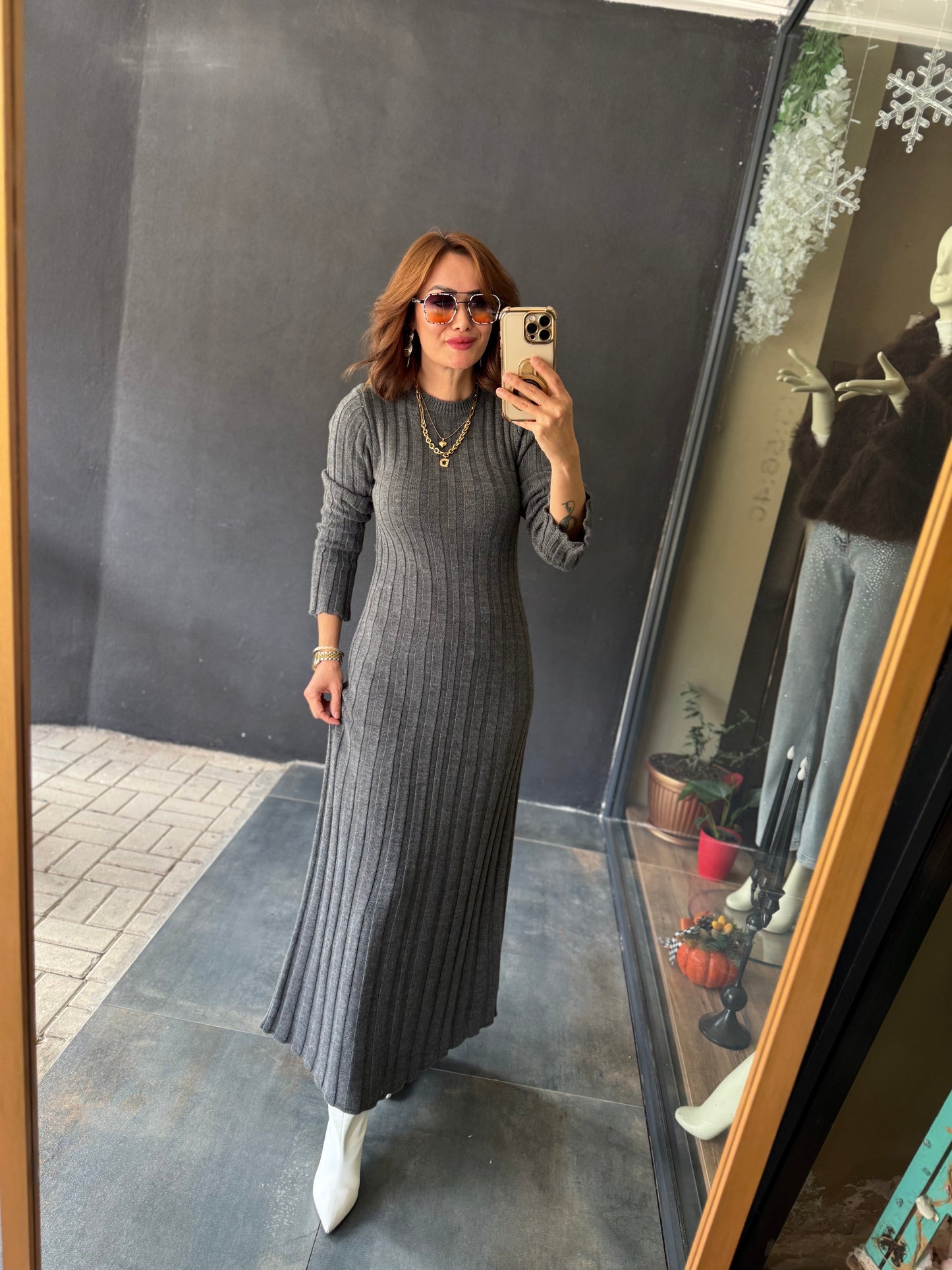 Lufi Maxi Elit Triko Gri Elbise