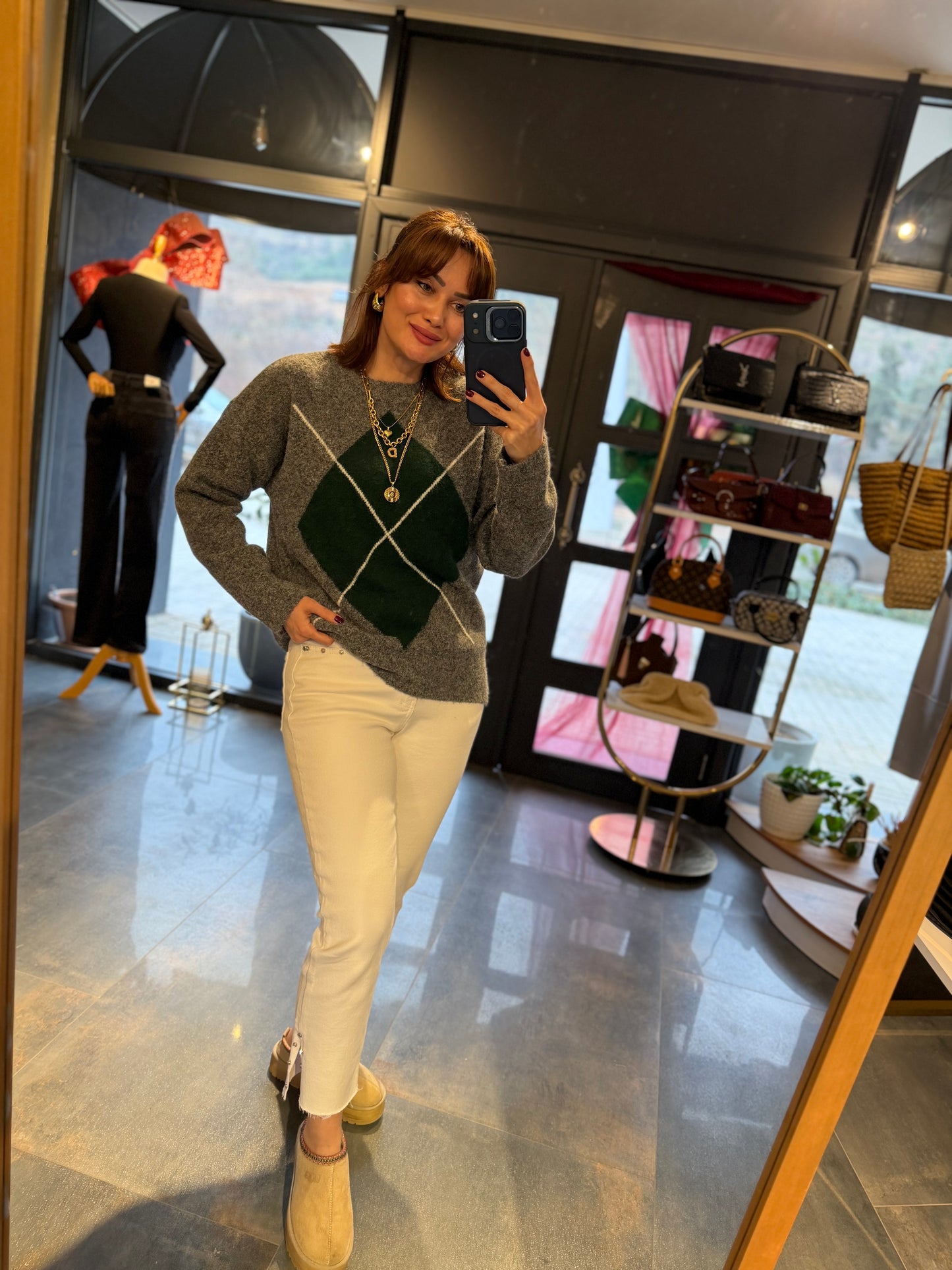 Lucente Gri Baklava Desen Kazak