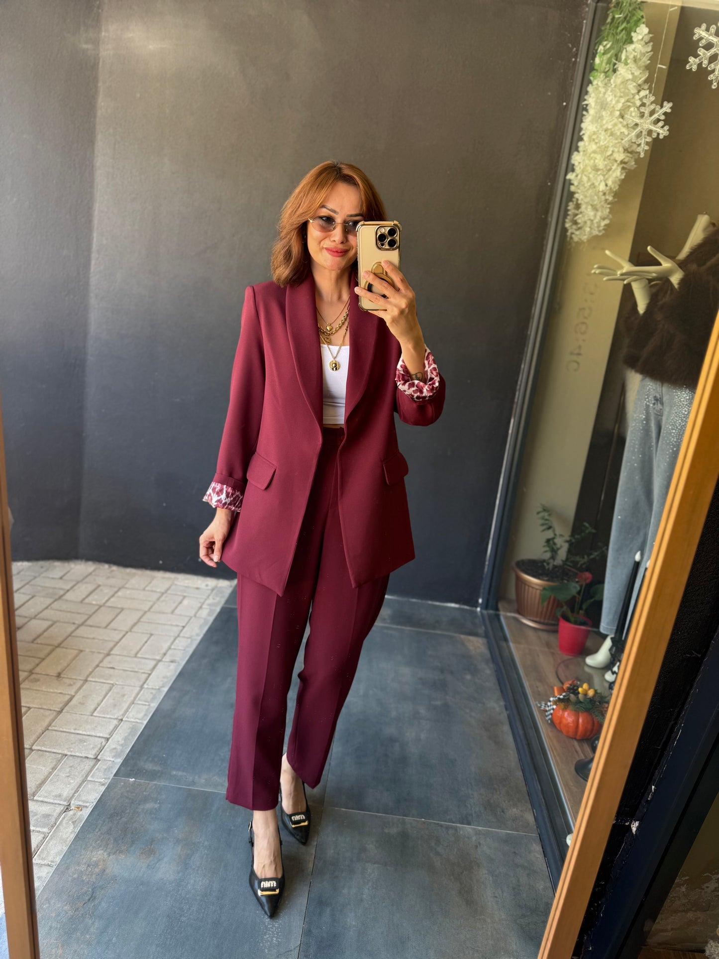 Melanj Bordo Ceket&Pantolon Takım