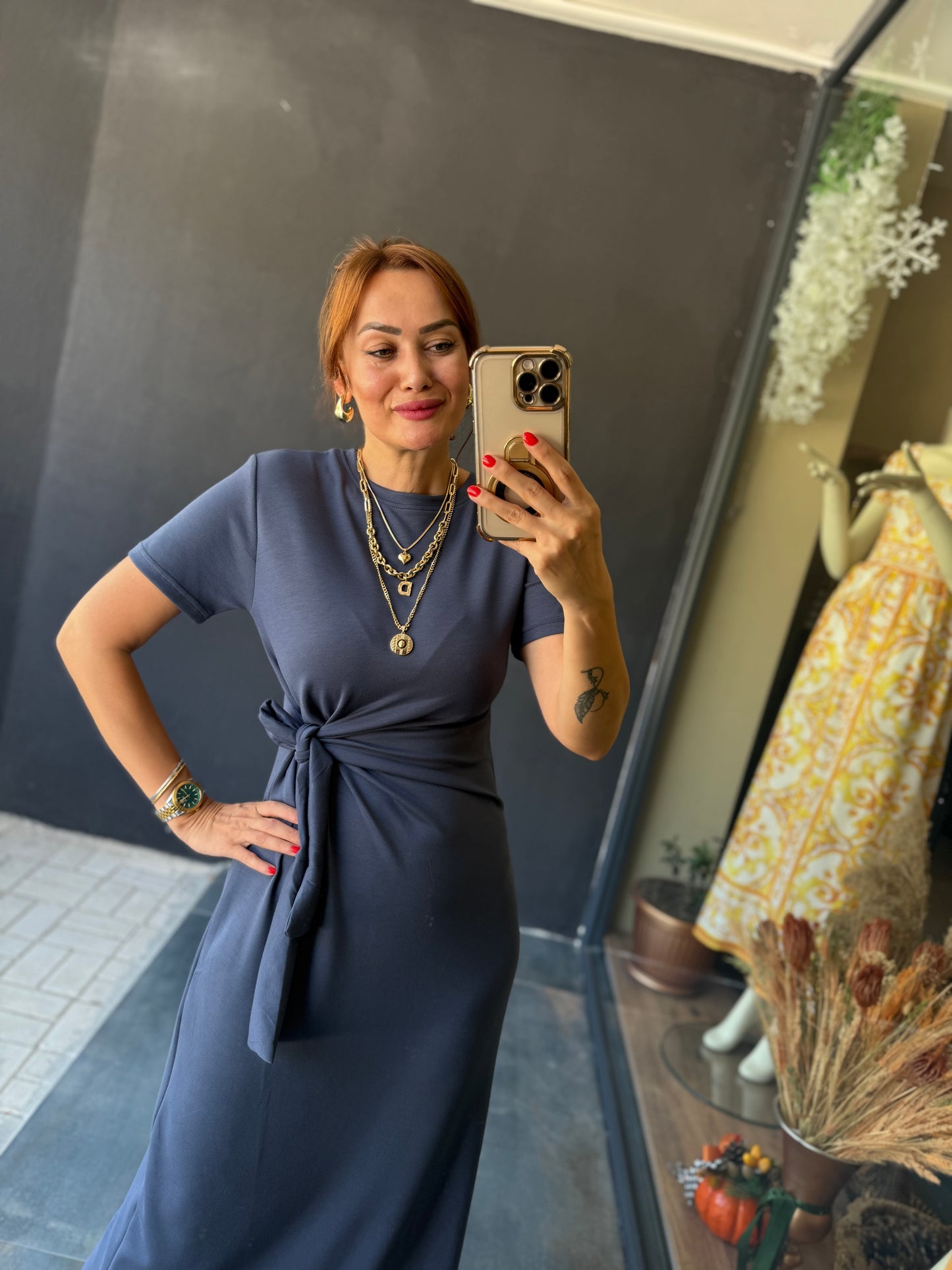 Fragman Modal Gri Kuşaklı Elbise