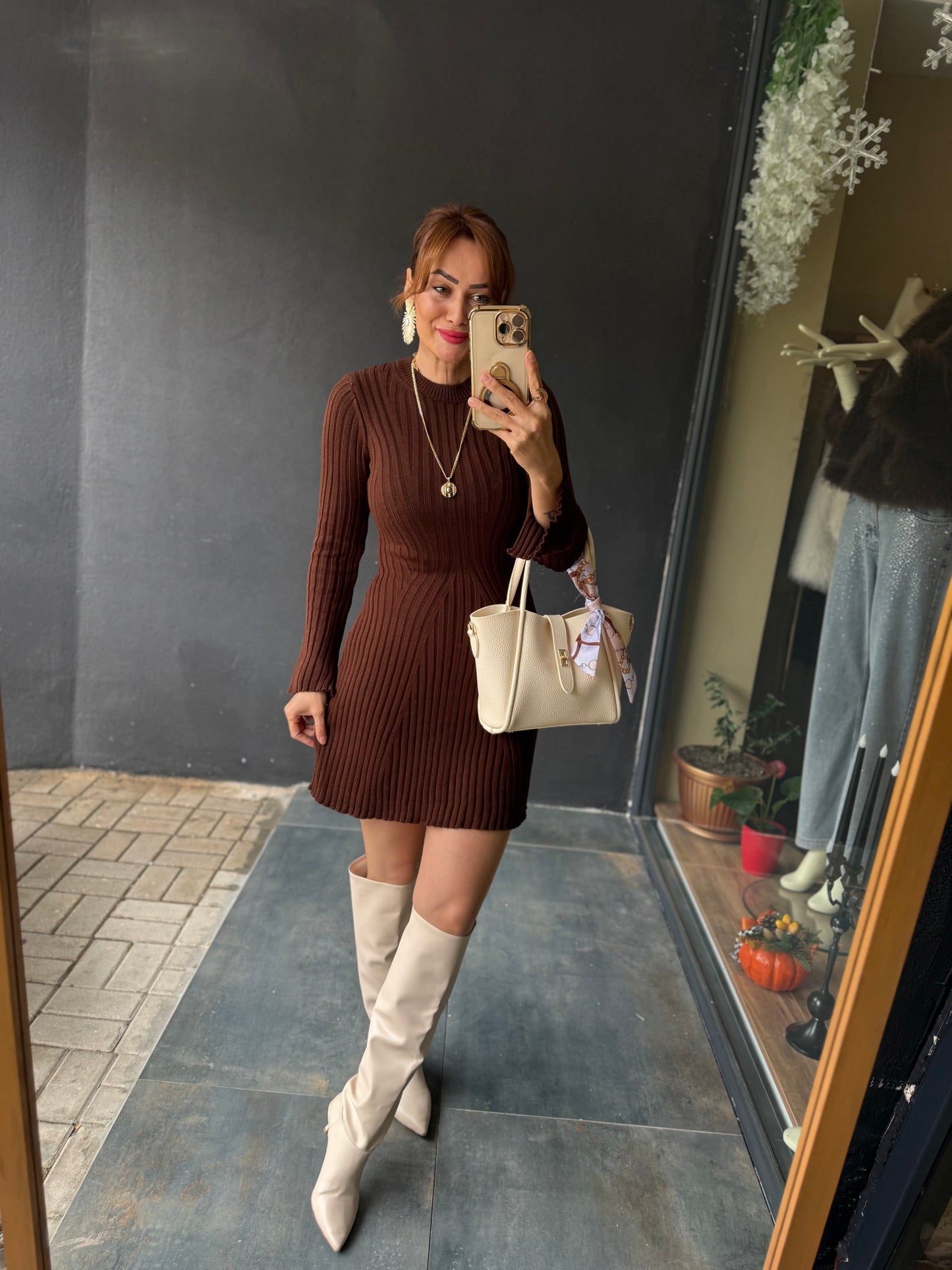 Silva Kahve Triko Elbise