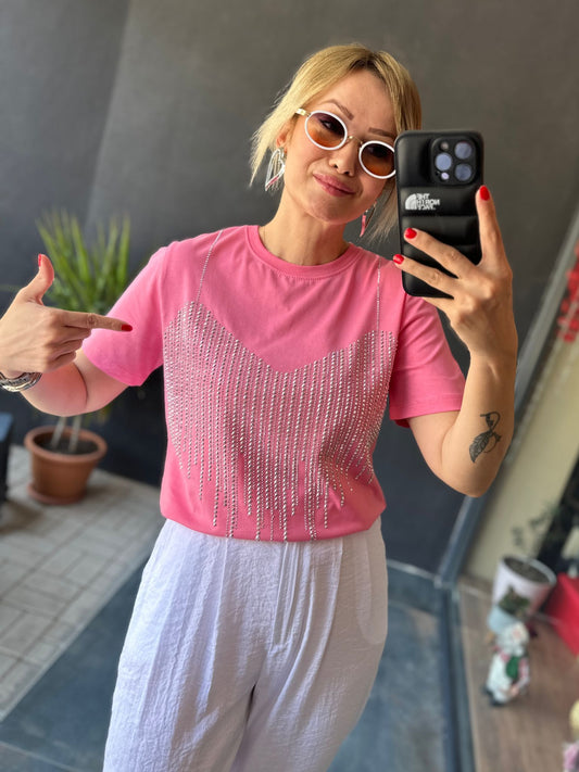 Fly Pembe Oversize Taşlı Tshirt 1