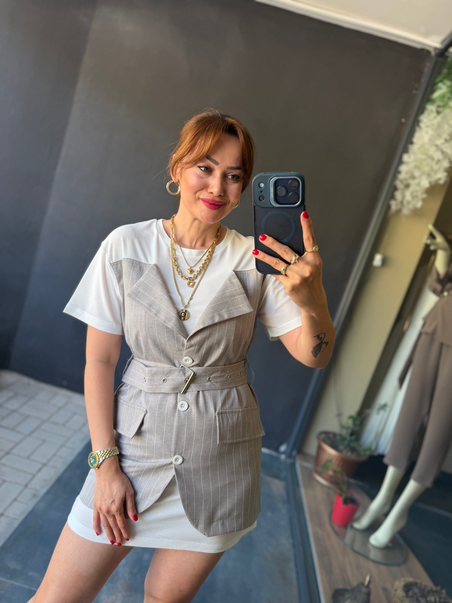 Çizgili Gri Basic Elbise