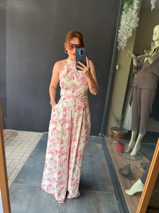 Pembe Çiçek Desenli Halter Yaka Yazlık Palazzo Pantolon Takım