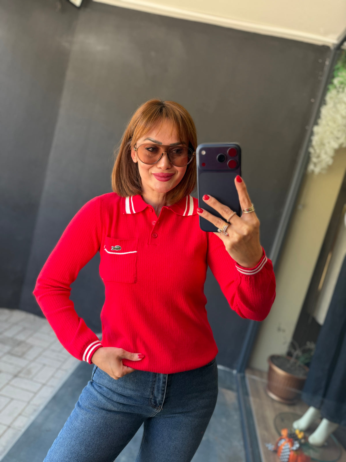 Ace Kırmızı Premium Polo Yaka Fitilli Triko Bluz