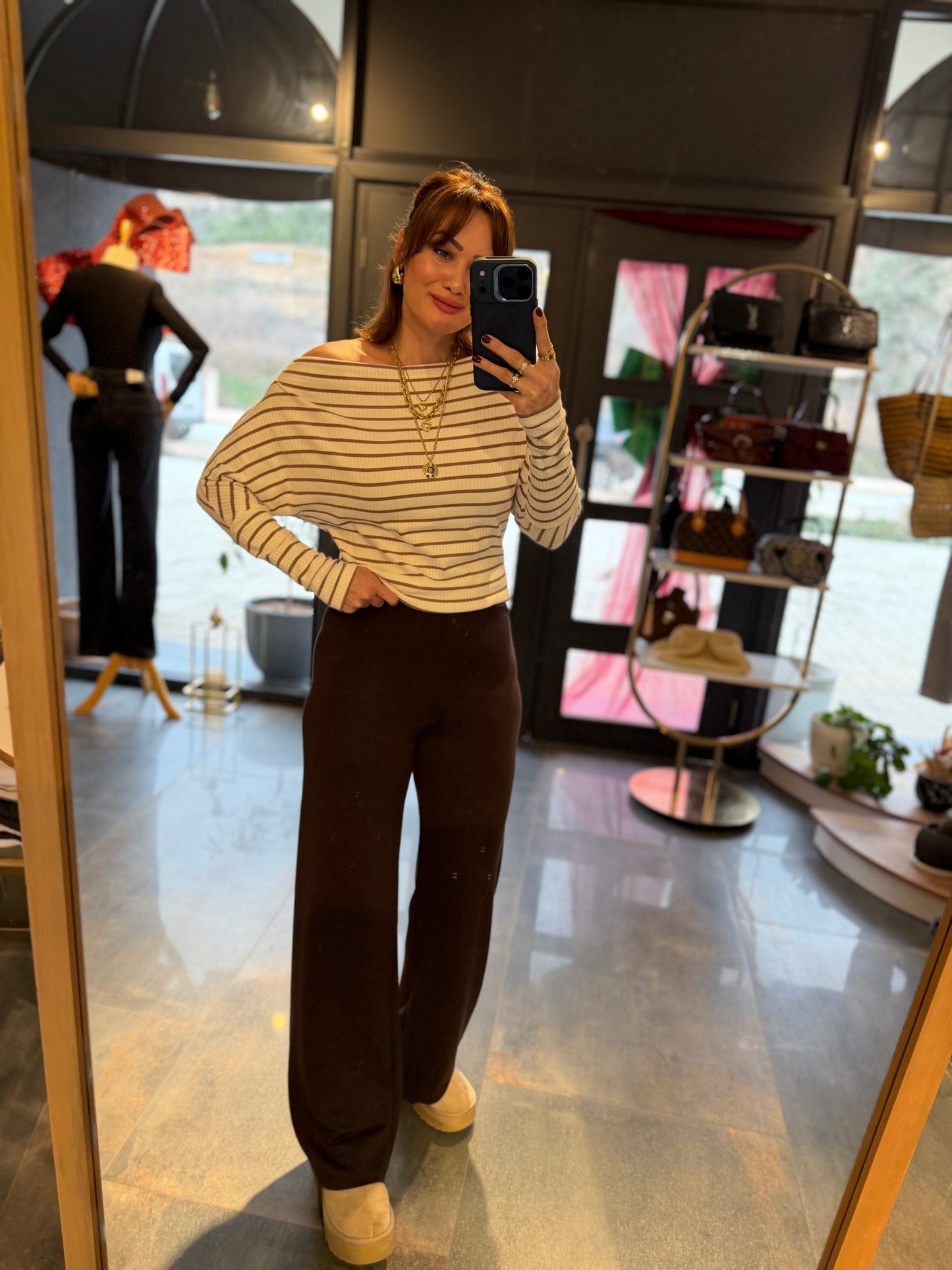 The Secret Kahve Modal Pantolon & Çizgili Bluz Takım