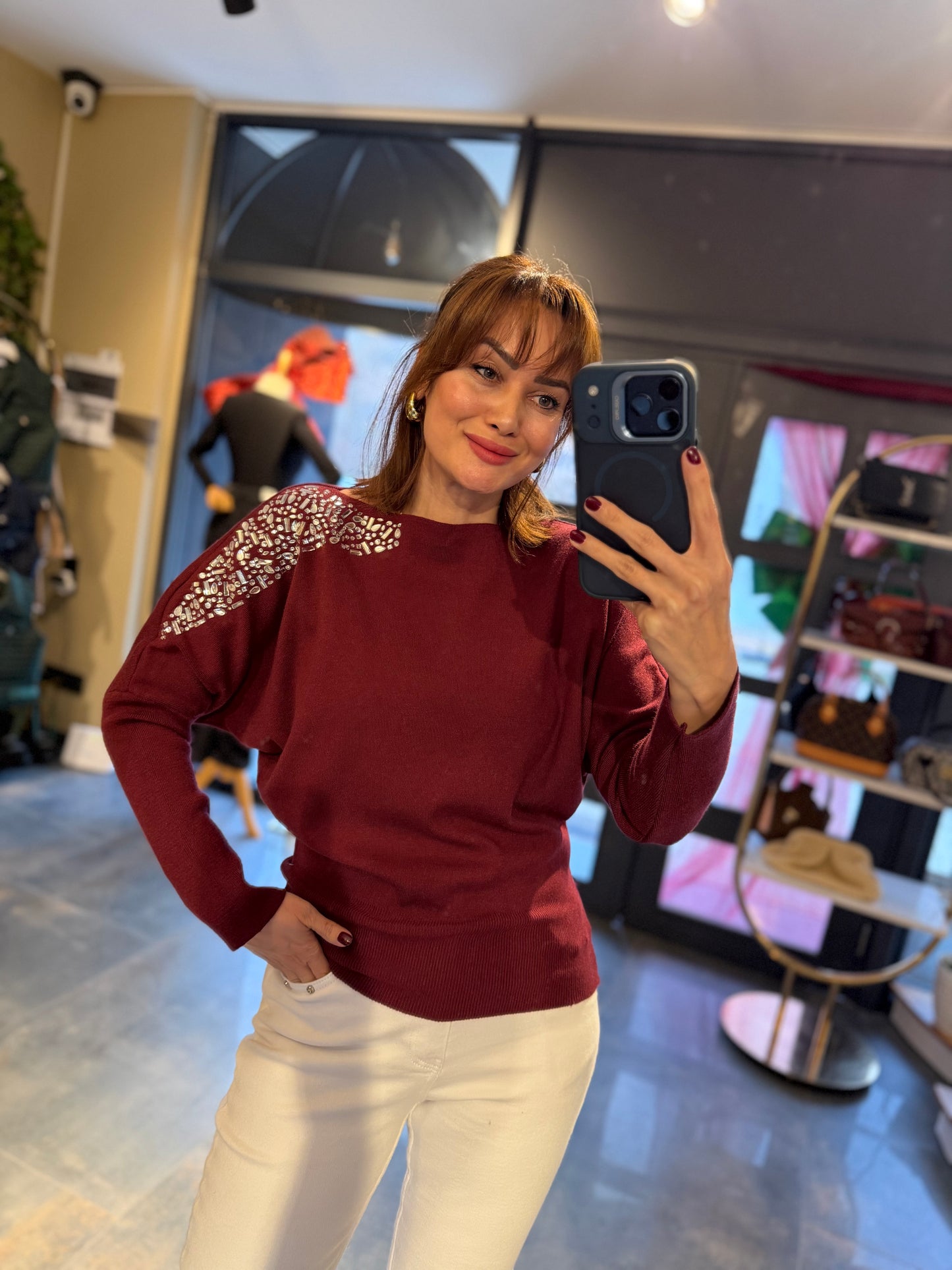 Buruni Bordo Çelik Örme Bluz
