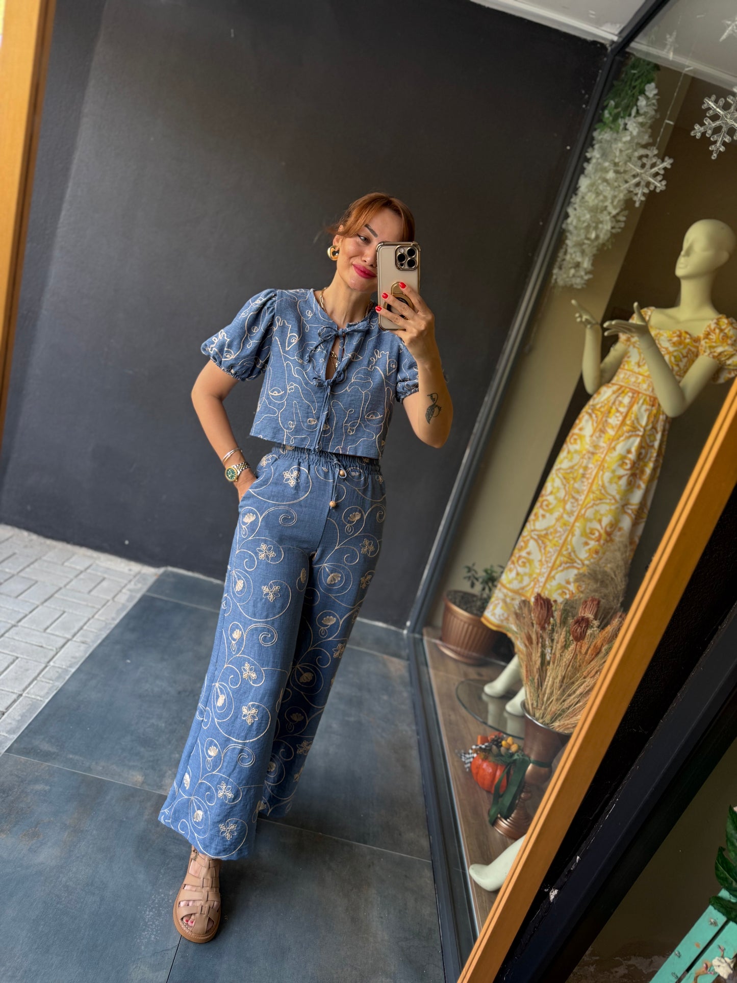 Cutest Mavi Nakışlı Pantolon Takım