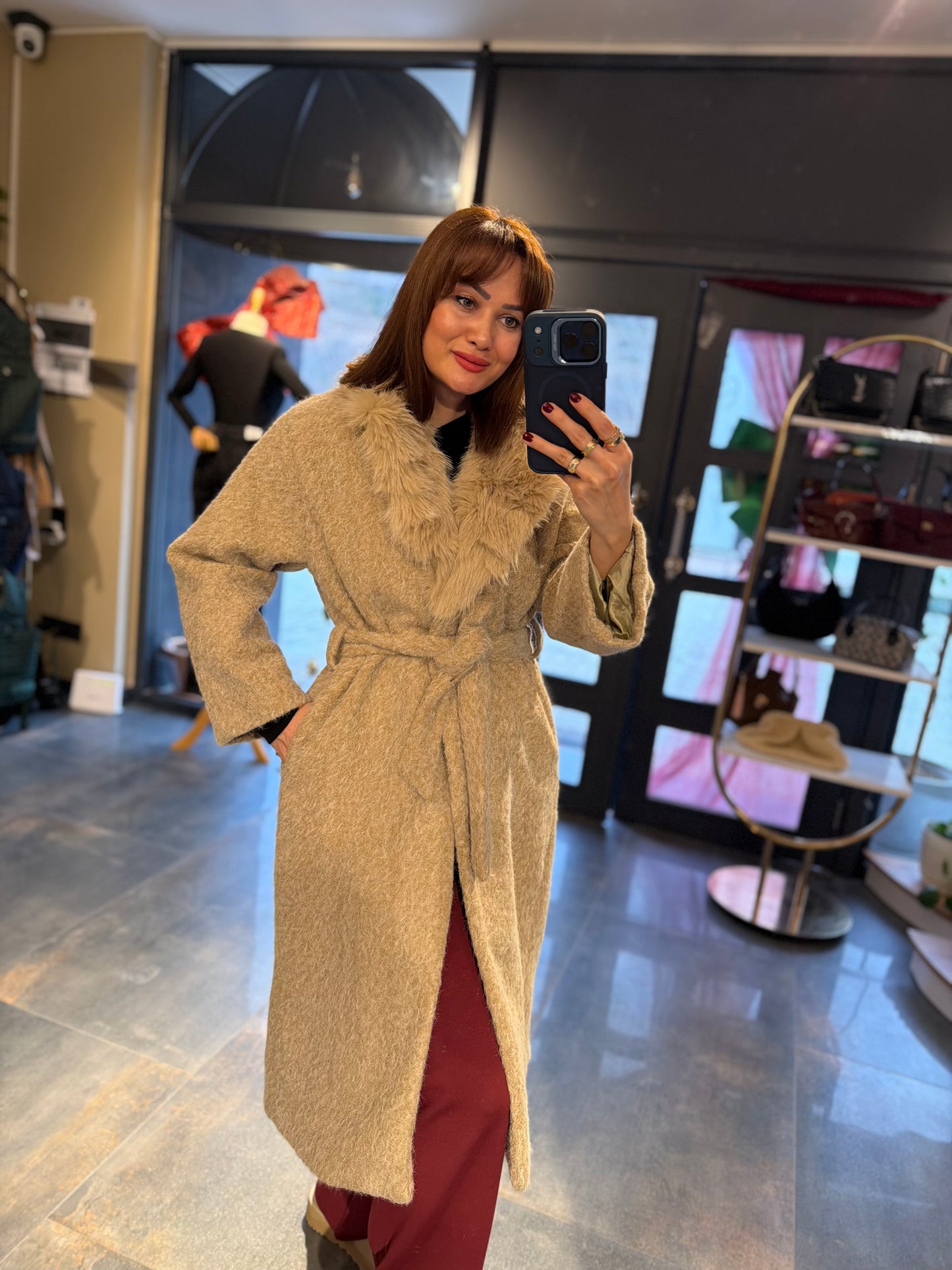 Fancy Bej Keçe Astarlı Mont