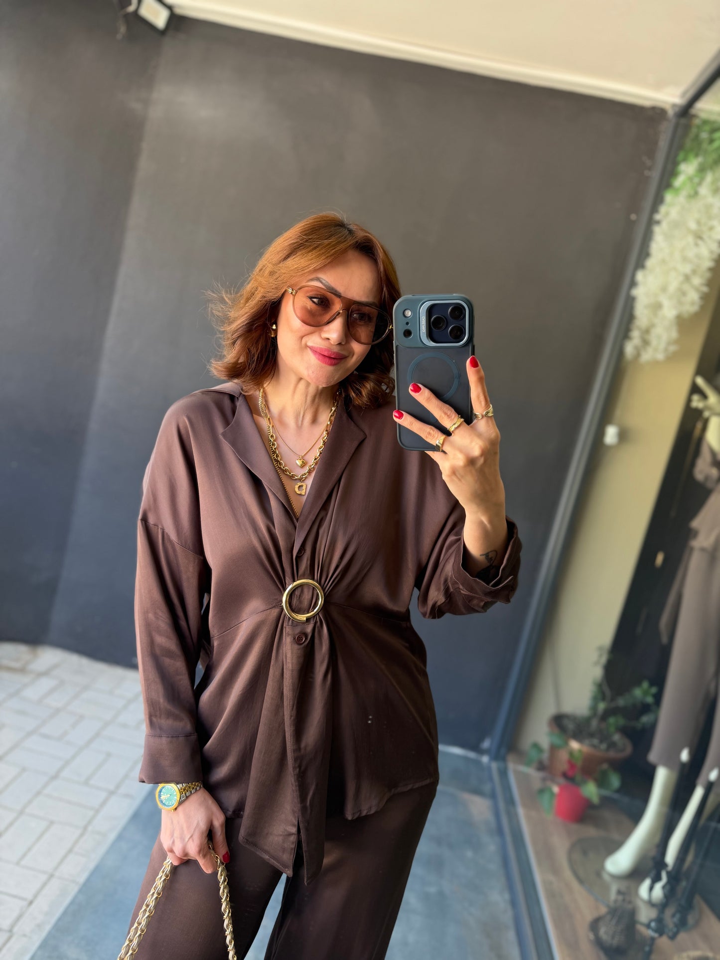 Lost Kahve Pamuklu Saten Broşlu Takım