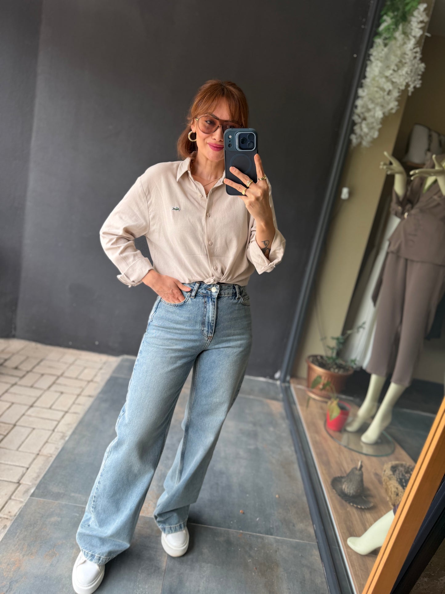 Soft Touch Bej Oversize Kadın Gömlek