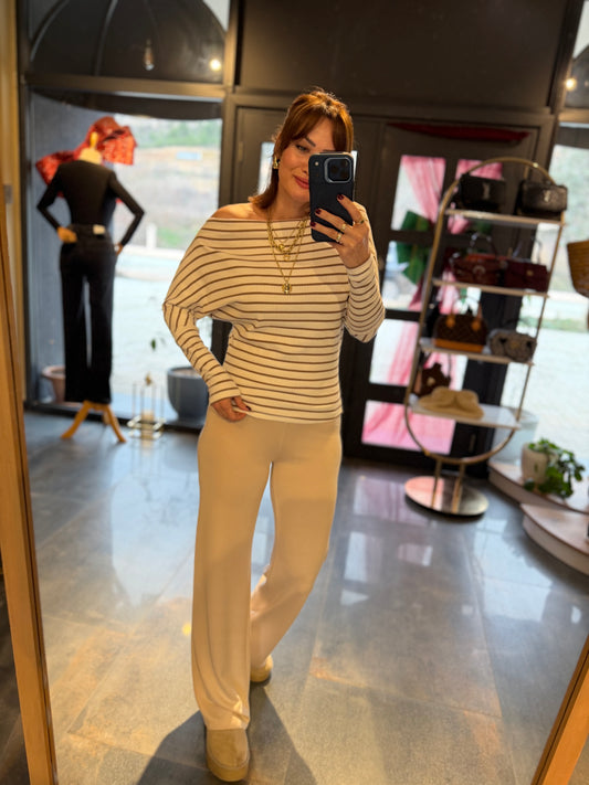 The Secret Bej Modal Pantolon &Çizgili Bluz