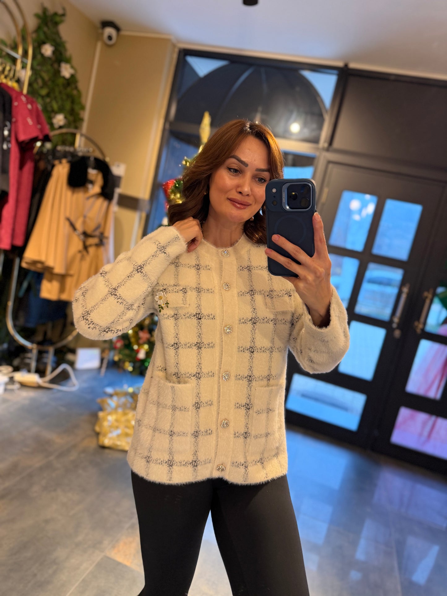 Estas Gri Kareli Kaşmir Hırka