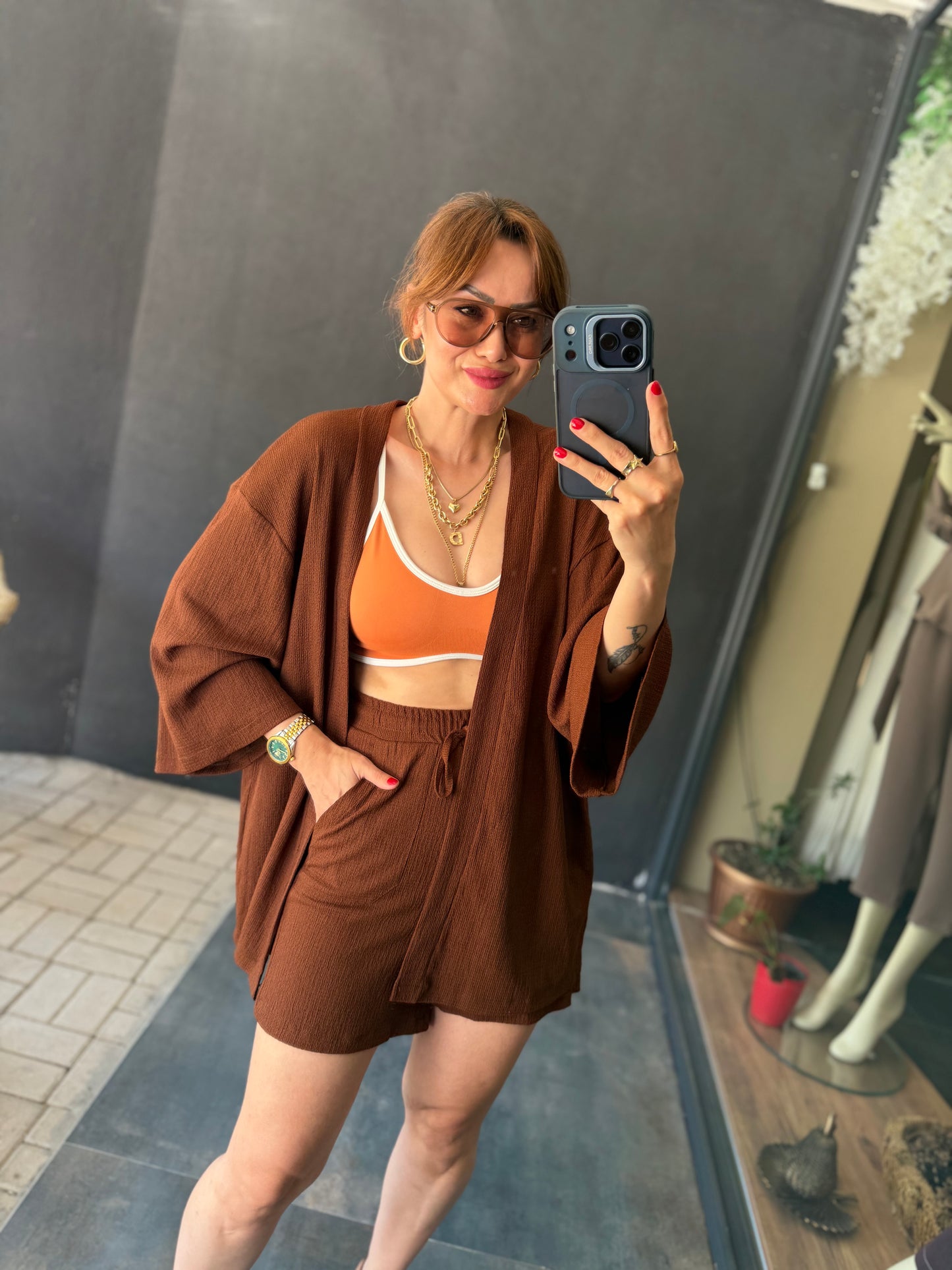 Kahve Müslin Şort Kimono Takım